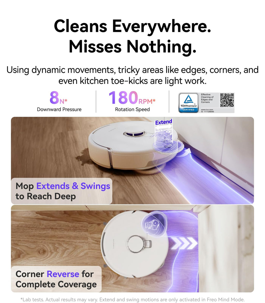 NARWAL Freo Z10 Turbo Robot Vacuum and Mop Combo, 25000Pa Suction, Edge-to-Edge Cleaning, Tangle-Free for Pet Hair, Auto Mop Wash, Smart Avoidance, Self-Emptying, for Carpet & Hard Floors, White