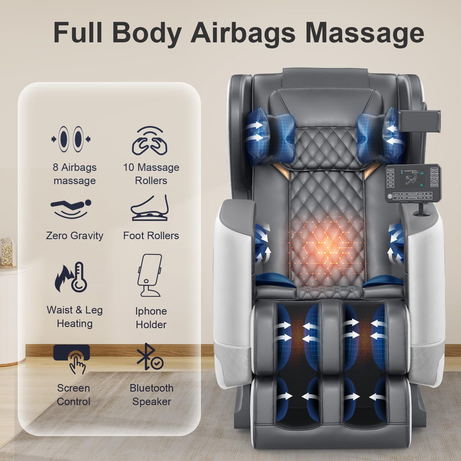 FURNIMAT 2026 Massage Chair Full Body, Zero Gravity Massage Chair with 10 Fix Rollers, Airbags, Heating, Foot Massage, Auto Modes, Bluetooth Speaker, Smart Screen Controller (Advanced Version)