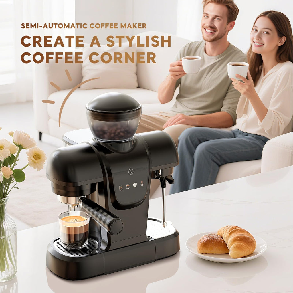 20 Bar Espresso Machine with Grinder & Steam Wand - Semi Automatic Coffee Maker, NTC Intelligent Temp Control, 58mm Stainless Steel Portafilter, One-Touch Panel for Home Barista (BLACK)