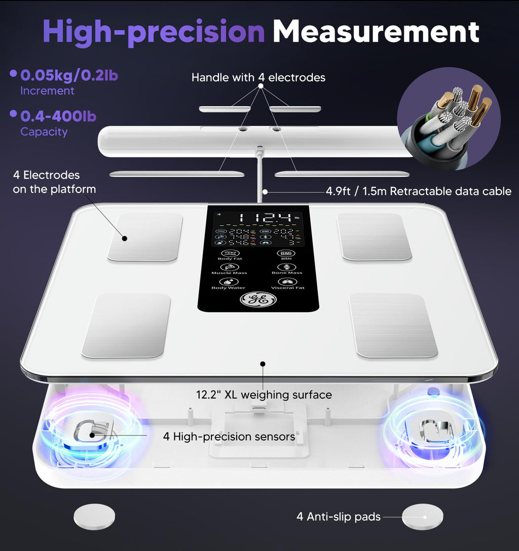 GE Smart Scale for Body Weight: 8-Electrode Digital Bathroom Scale for Weight Fat BMI Muscle Mass Full Body Composition Analyzer 50 Measurements Bluetooth Highly Accurate Weighing Machine 400lb White