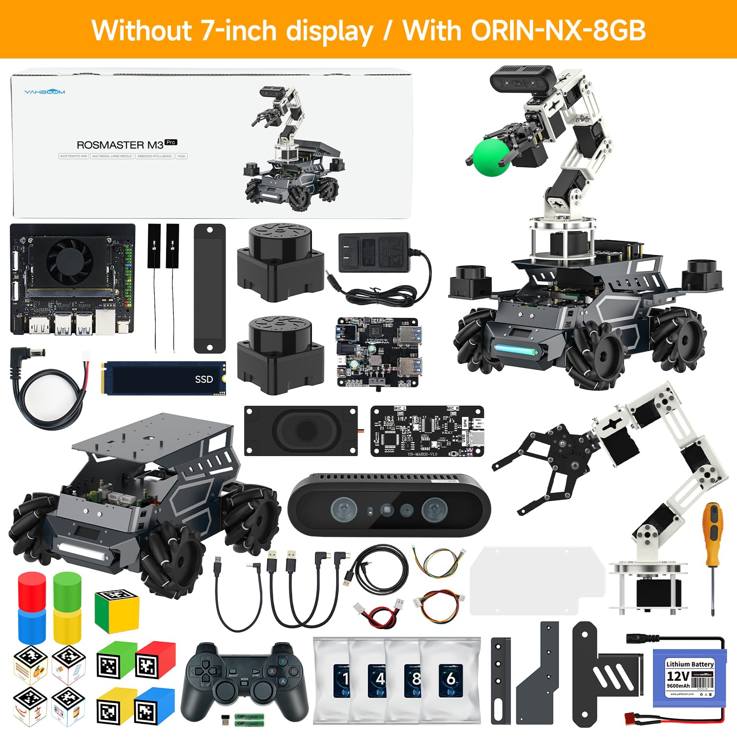 Yahboom ROS2 Robot Kit with Jetson Orin Nano 8GB Super Large AI Model with 6DOF Robotic Arm, 7-inch HD Display,AI Voice Interaction Module Provides AI Vision App Control
