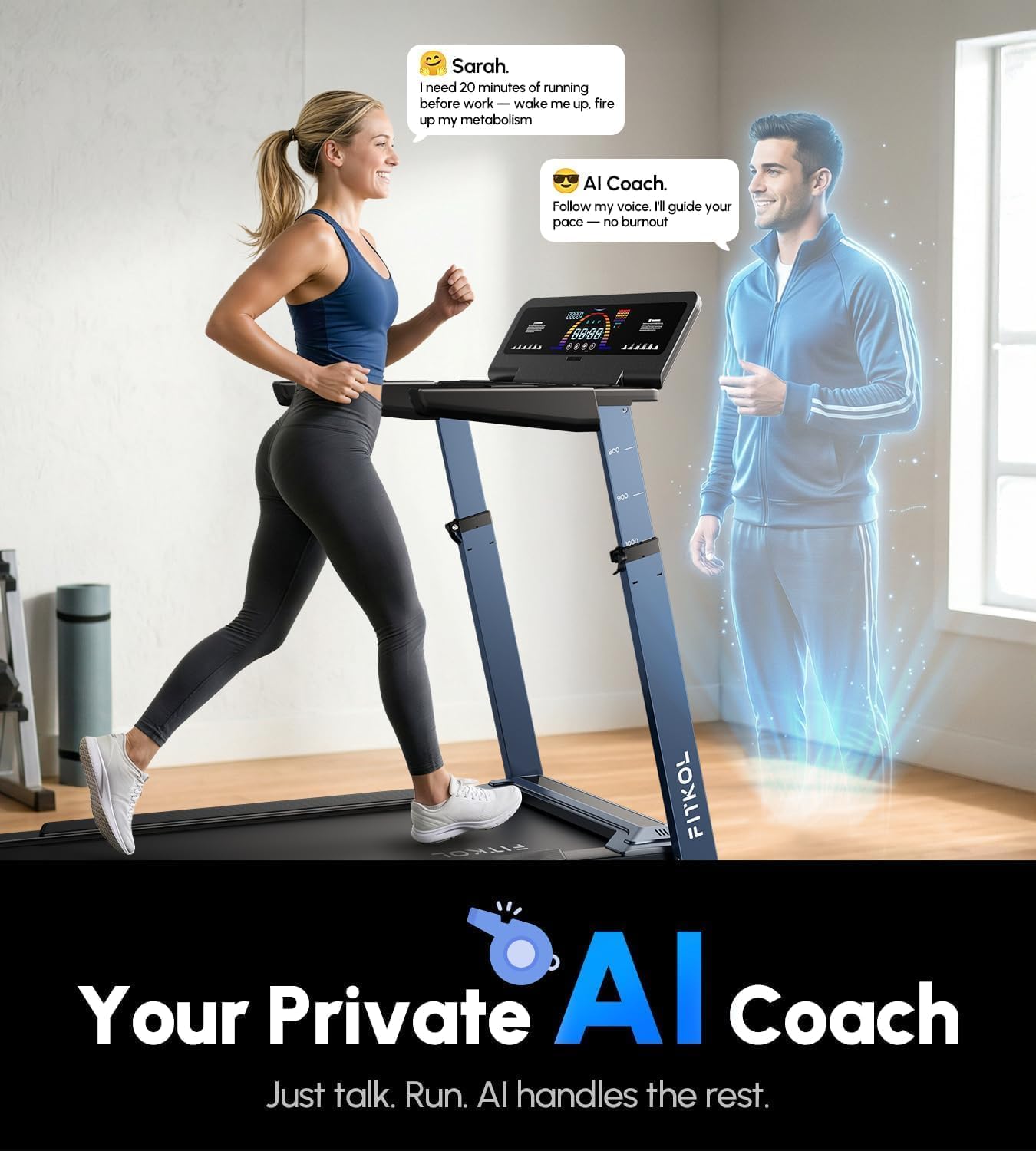 AI-Adaptive Treadmill for Home - Auto Speed & Incline Adjustment, Smart Heart Rate Control, Real-Time AI Running Coach, 5.0HP Motor, 440lb Capacity, Dedicated Bluetooth App, Designed for Beginners