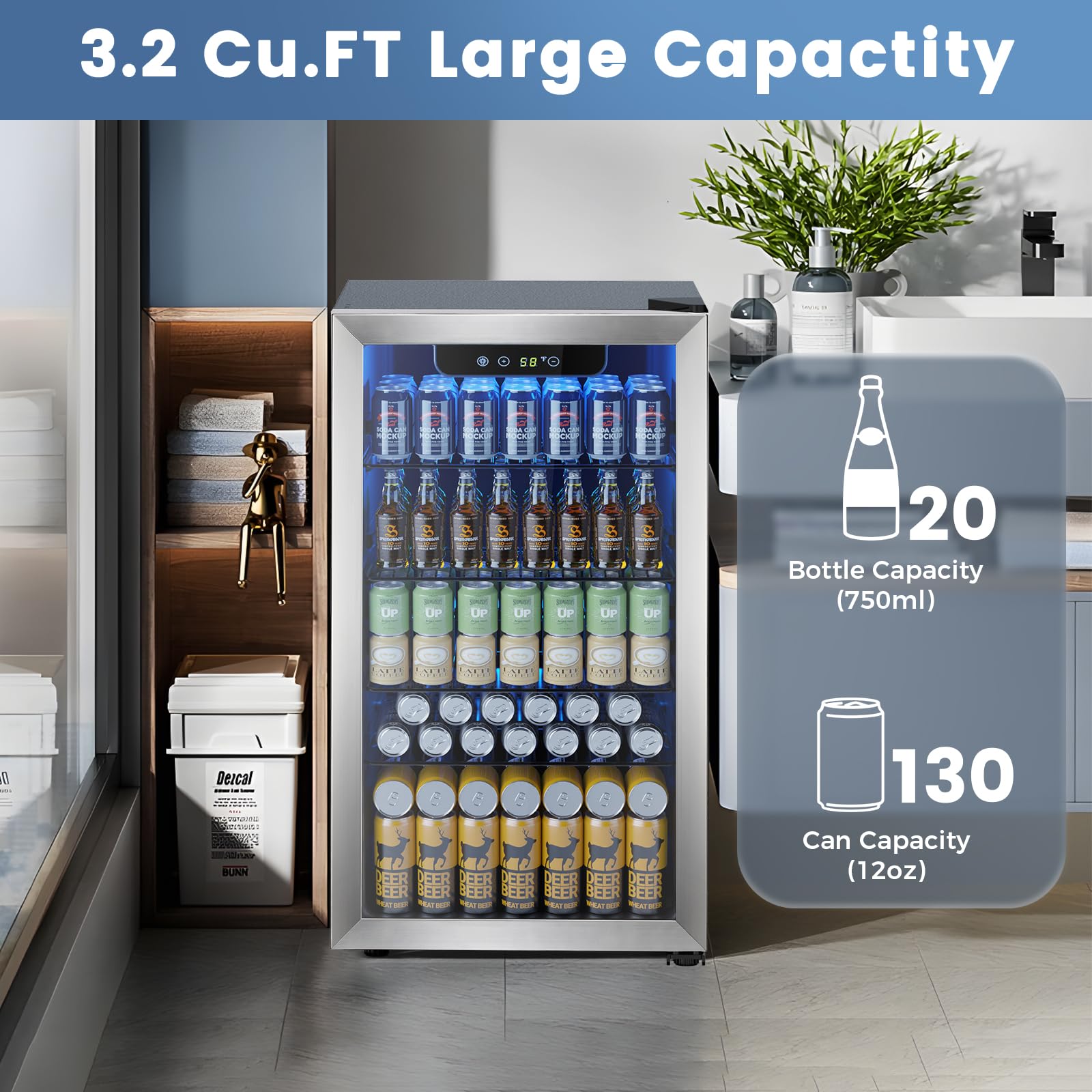 Electactic 50 Cans Beverage Refrigerator Cooler, 1.3 Cu.ft Mini Fridge Countertop Drink Cooler with Glass Door for Beer, Soda,Wine, Adjustable Digital Temperature Control for Home Dorm Bar, Black