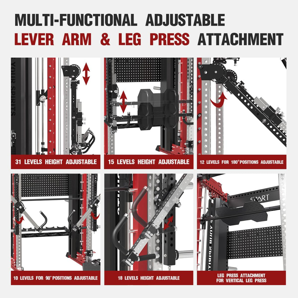 Commercial Smithe Machine with Weight Stack, All-in-One Power Cage Squat Rack Home Gym System with Leg Press Attachment & Cable Crossover, Multi-Functional Trainer with Dual Pulley System for Home Gym