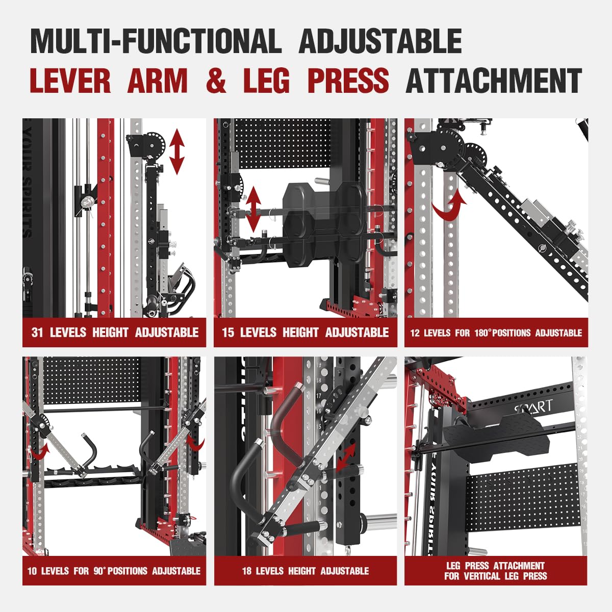 Commercial Smithe Machine with Weight Stack, All-in-One Power Cage Squat Rack Home Gym System with Leg Press Attachment & Cable Crossover, Multi-Functional Trainer with Dual Pulley System for Home Gym