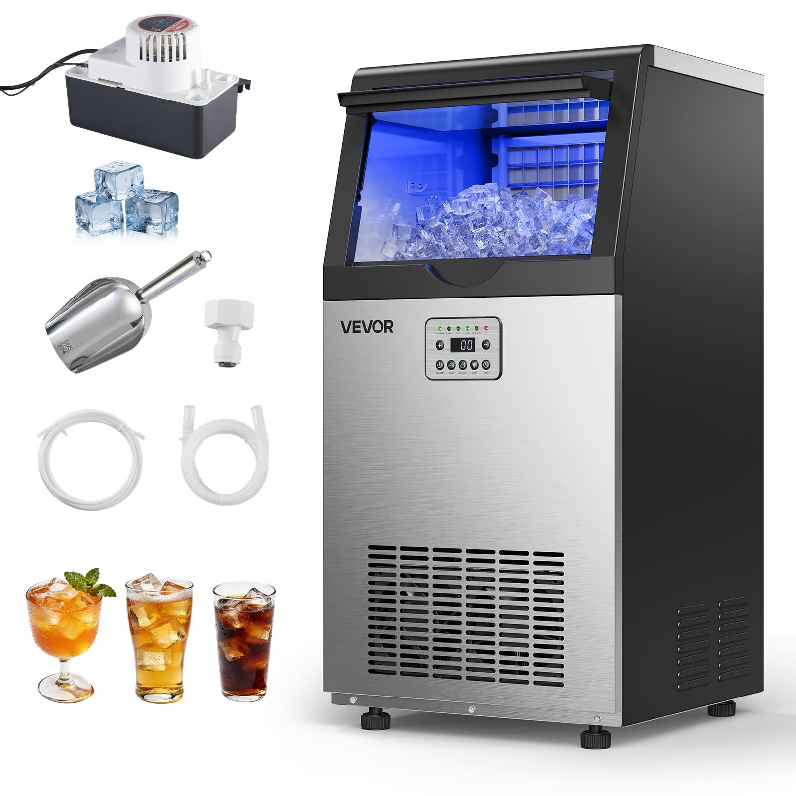 VEVOR Commercial Ice Maker Machine with Pump, 360 lbs/24h with 85 lbs Storage Capacity, Built-in/Freestanding/Under Counter, Stainless Steel Ice Maker with LED Display & Self-Cleaning, for Home Bar