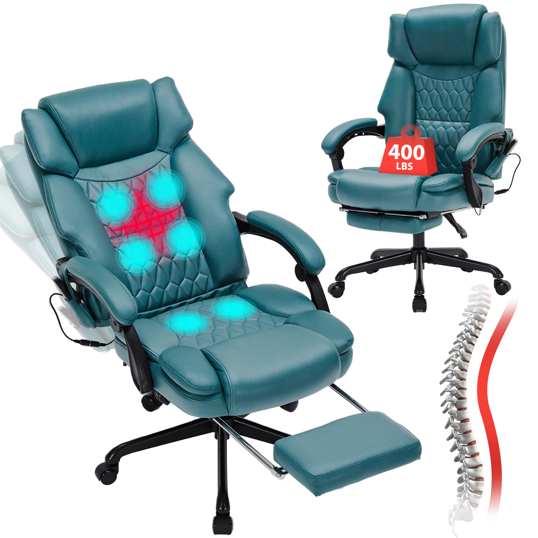 Massage Office Chair with Foot Rest 6 Points Vibration and Heat Home Office Desk Chairs for Heavy People 400lbs Reclining Managerial Chairs Ergonomic Executive Chair (Black)