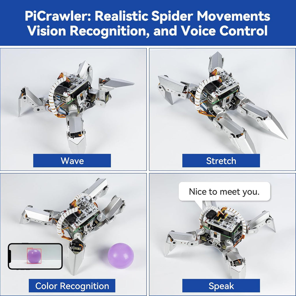 SunFounder PiCrawler AI Robot Kit for Raspberry Pi 5/4/3B+/Zero 2W, Openclaw LLMs ChatGPT/Gemini/Grok, Voice&Video Recognition, Python/Scratch, Mic, Battery, Camera (RPI NOT Included)