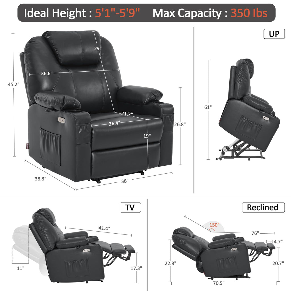 MCombo Electric Power Lift Recliner Chair Sofa with Massage and Heat for Elderly, 3 Positions, 2 Side Pockets, and Cup Holders, USB Ports, Faux Leather 7040 (Grey, Medium)