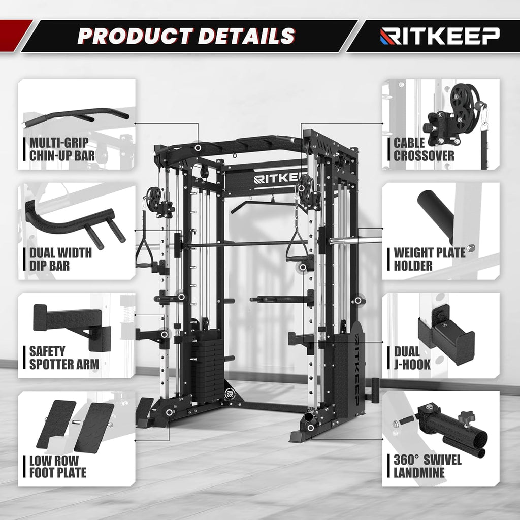 RitKeep PMAX-5600 Pro Heavy-Duty Smith Machine Squat Rack with 320 LB Weight Stacks, 6-in-1 Multi-Function Home Gym System, Dual Cable Crossover and 2000 LB Capacity for Full-Body Strength Training