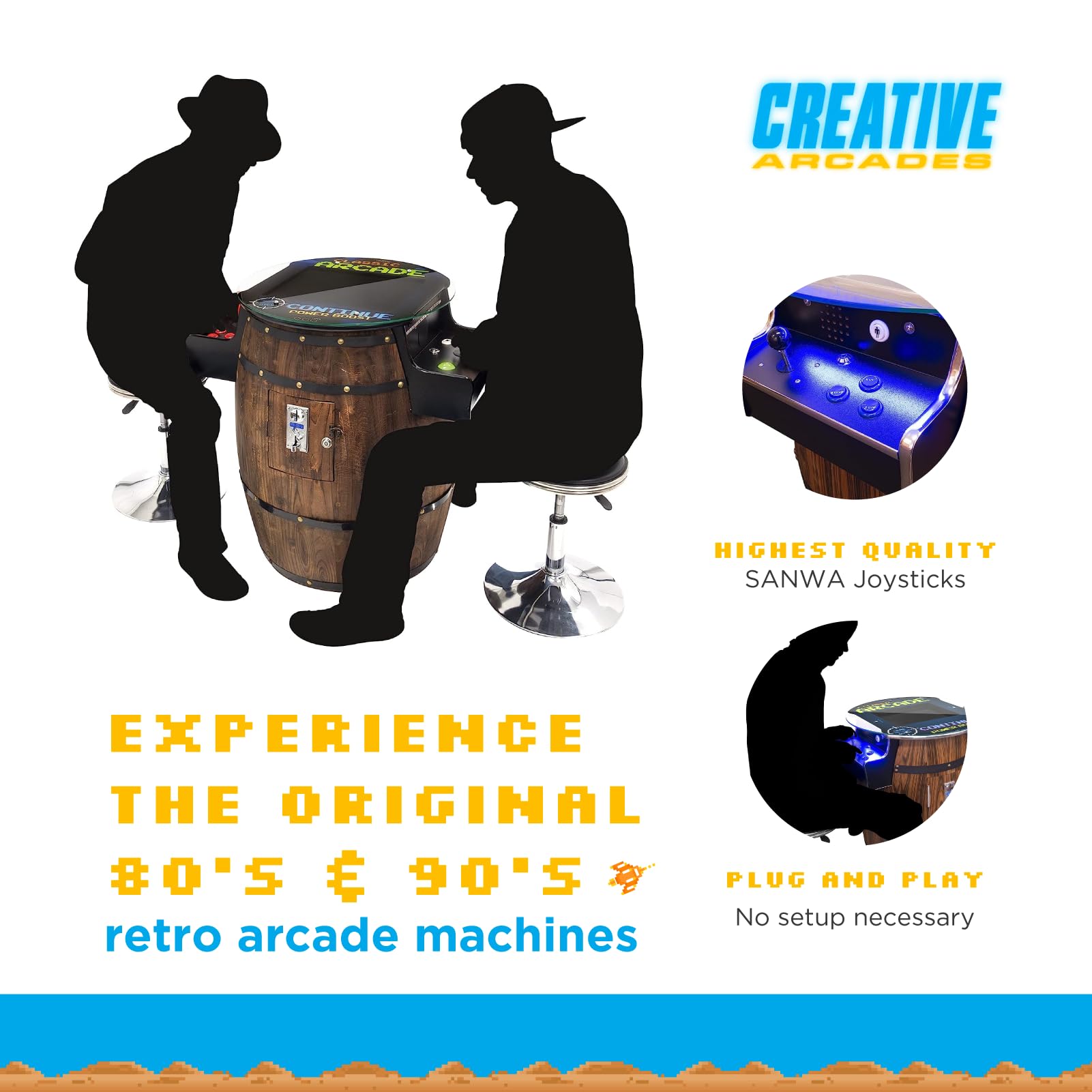 Creative Arcades Full-Size Commercial Grade Wine Barrel Style Pub Arcade Machine | Standard/Medium/Large | Classic Games | 2 Sanwa Joysticks | 2 Stools (Large, 60 Game, 19" Screen, Woodgrain)