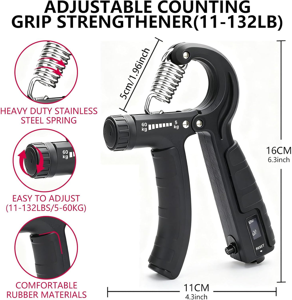5-in-1 Grip Strength Trainer Kit with Counter, Adjustable Hand Grip(11-132 lbs), Finger Stretcher, Grip Ring & Stress Ball – Grip Strength Trainer for Adults, Home Gym, Arm Workout Equipment