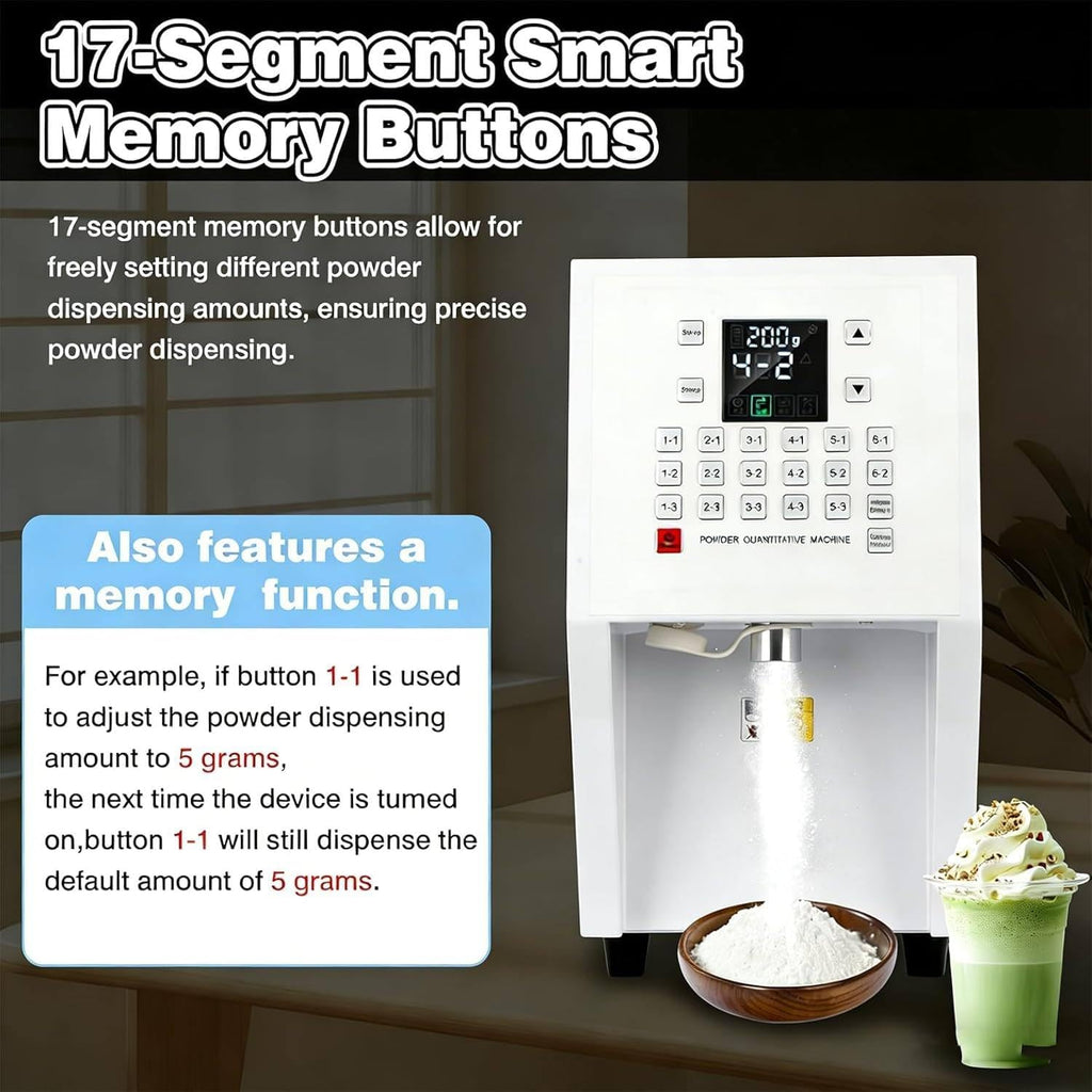 Commercial Matcha Coffee Powder Dispenser, Electric Automatic Quantitative Dispensing Machine with 17 Memory Buttons,for Protein Powder,Creamer, Fruit Flour and Milk Tea Raw Materials