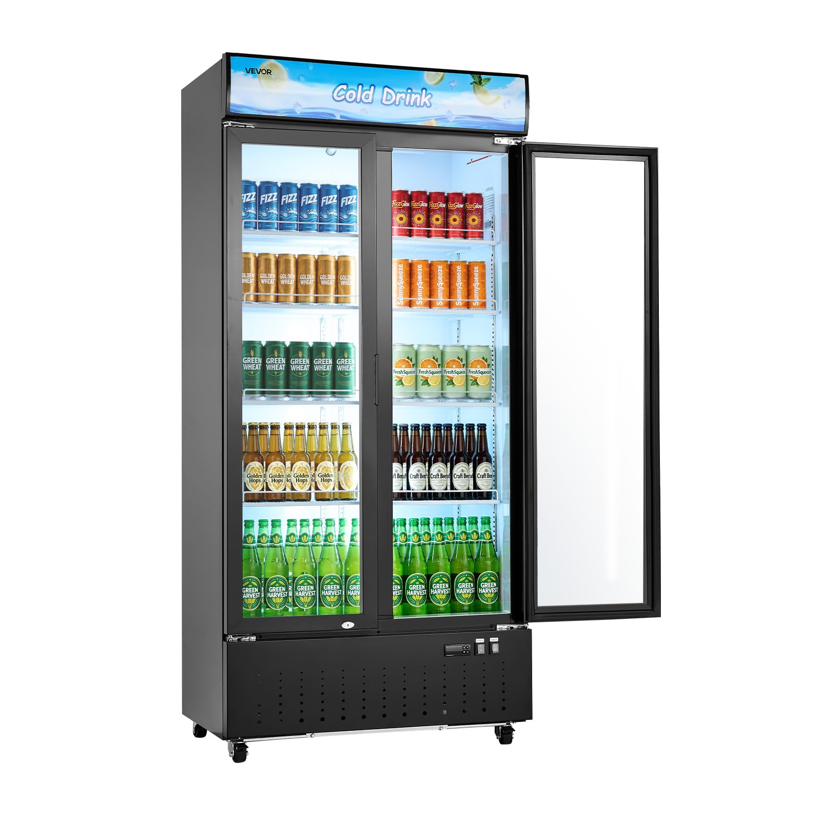 VEVOR Commercial Merchandiser Refrigerator, 6.9 Cu.Ft / 195L Glass Door Display Refrigerator, Upright Beverage Cooler Fridge with 4 Adjustable Shelves, Soft LED Light & Casters for Homes Shops Bars