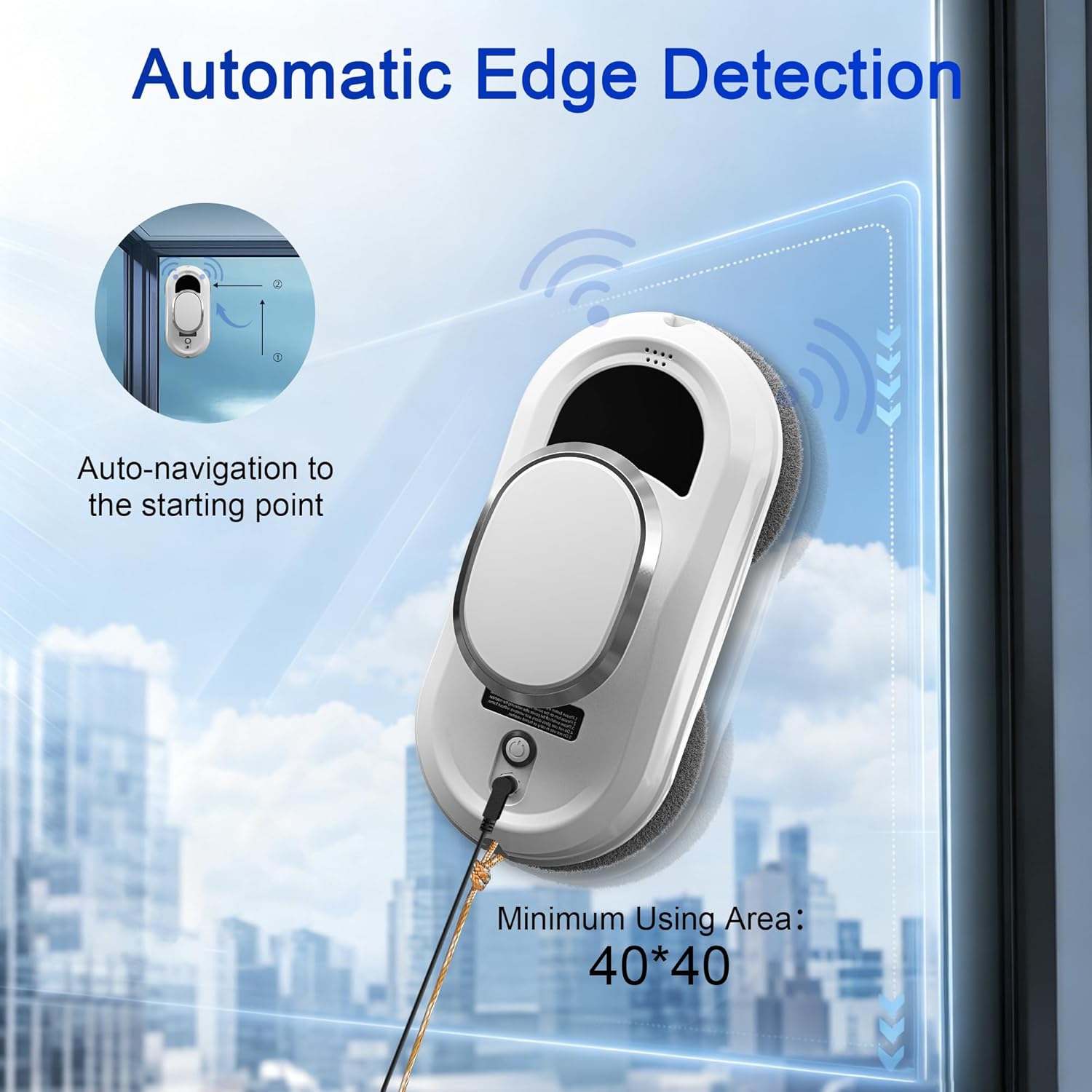 Automatic Window Cleaning Robot, Smart Robot Window Cleaner Inside/Outside, 3000Pa Suction, Intelligent Path Planning, Remote Control for high Glass, Shower, Mirror with 10 Rags(White)