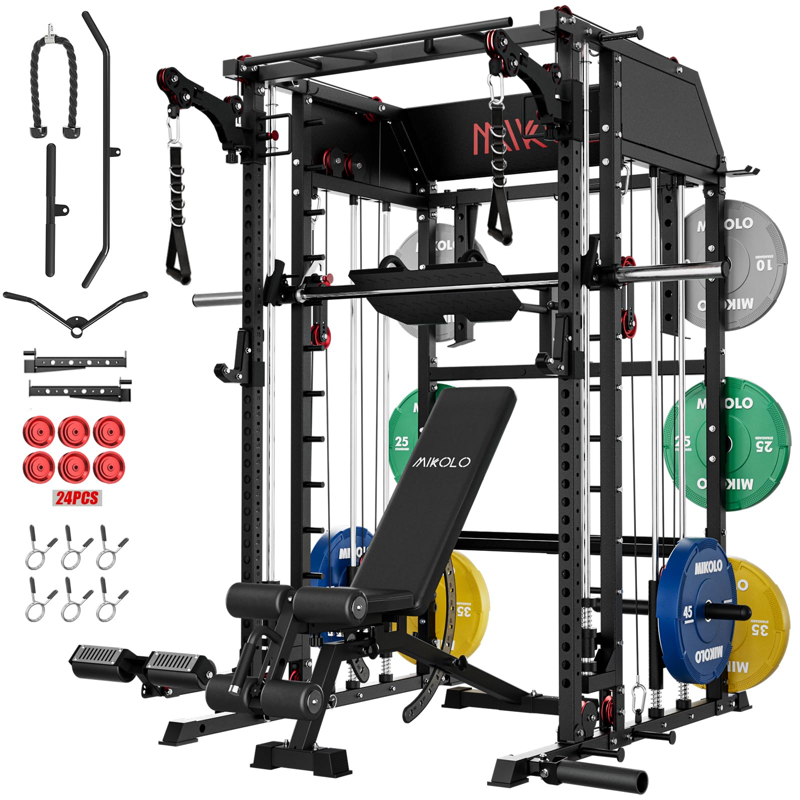 Mikolo Smith Machine, Multi-Function Power Cage with Dual Pulley System, Vertical Leg Press Attachment, Squat Rack Power Rack with More Training Attachment for Home Gym