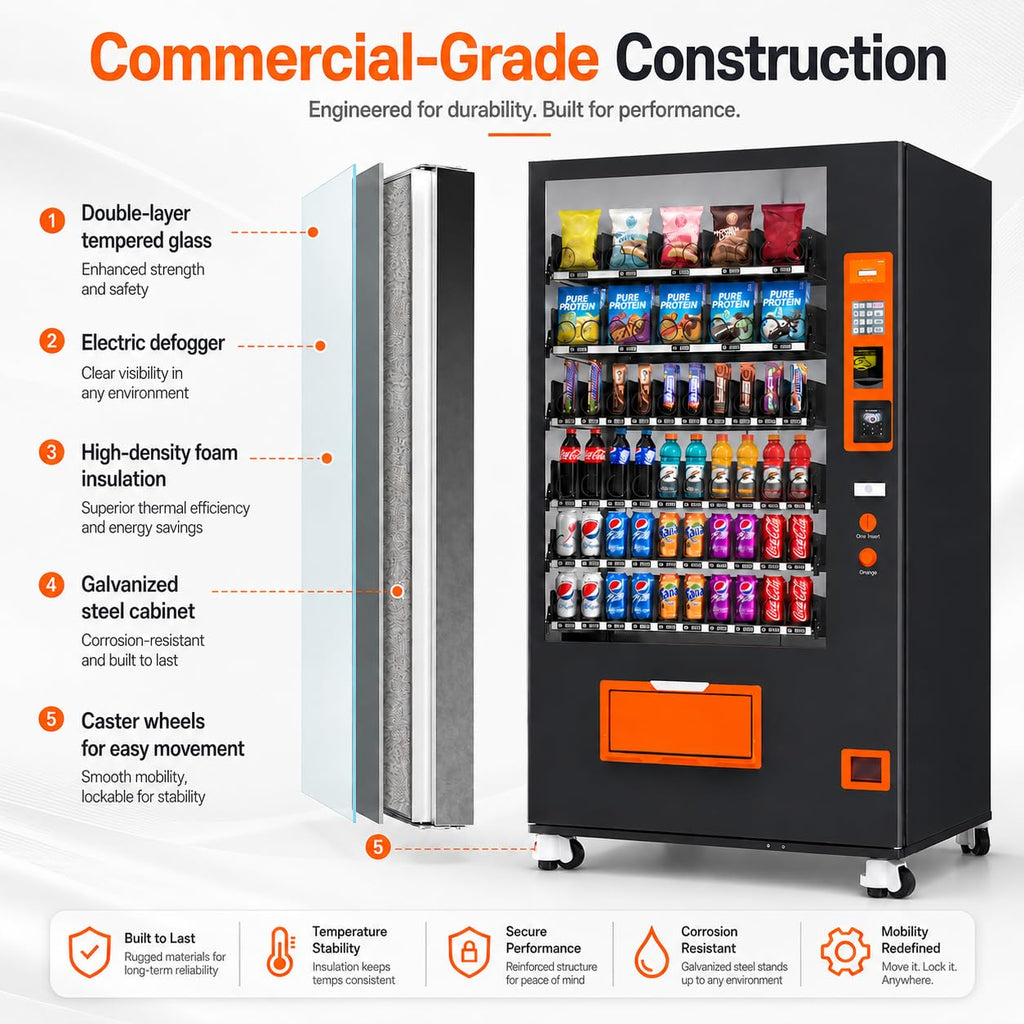 60 Slot Vending Machines for Business, Refrigerated Snack Drink Vending Machine, Commercial Smart Combo Vending Machine with Bill and Coin, Card Reader