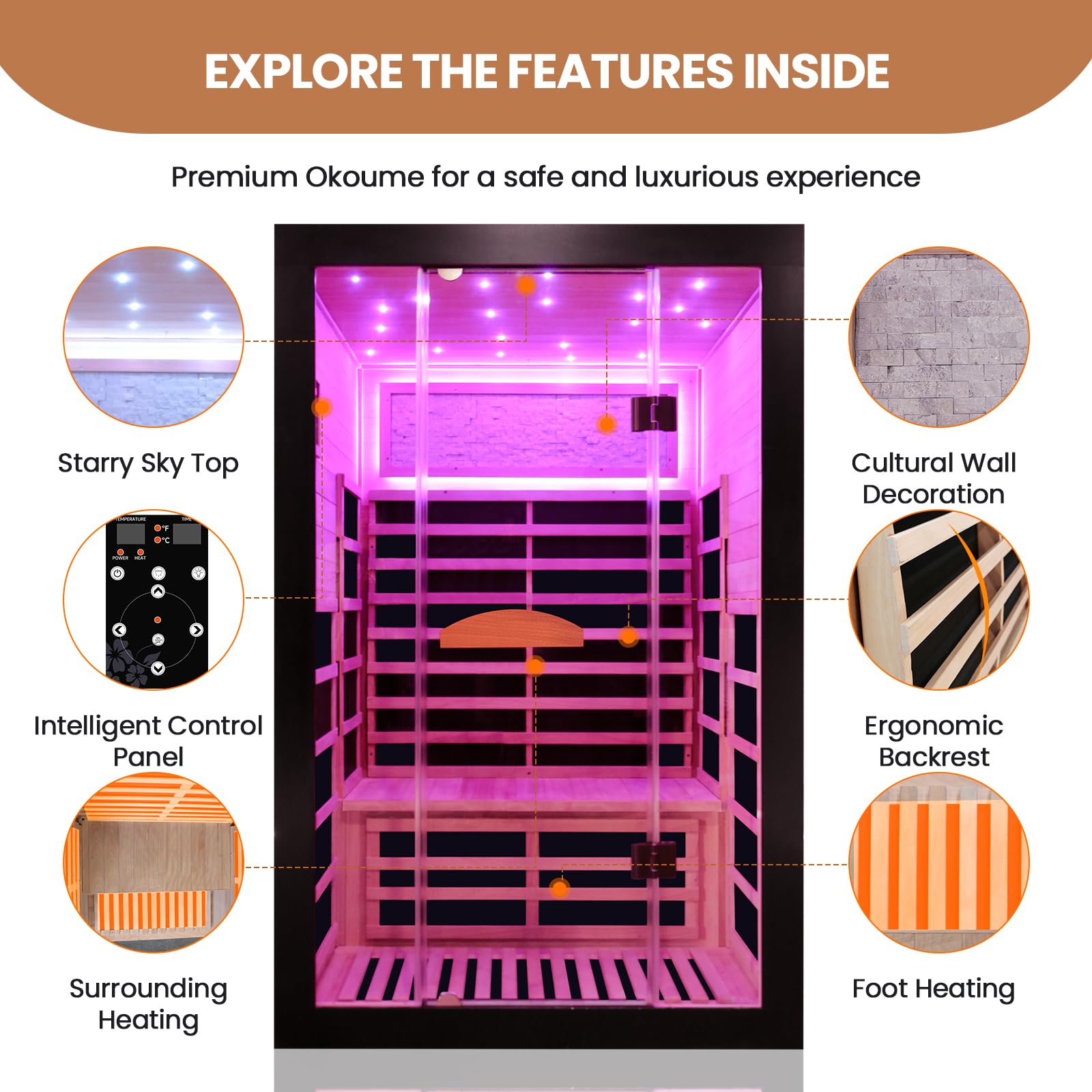 2 Person Infrared Sauna Far Infrared Sauna Room for Home Indoor 2000W Low-EMF Wood Dry Sauna with Full Starry Sky Lights Ceiling in 7 Color Speaker Fast Heating Easy Assembly- 47.3*41.3*74.8 IN