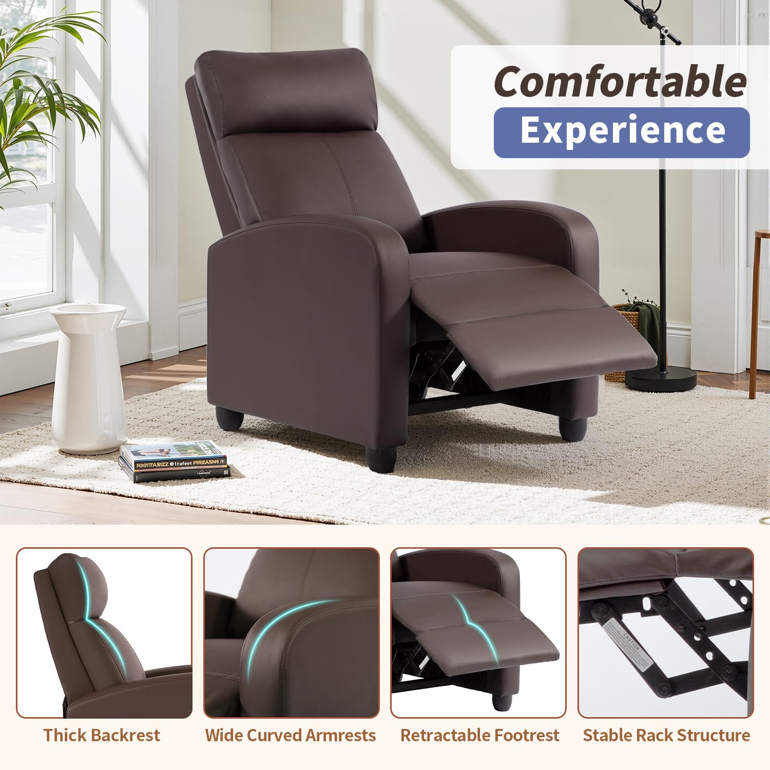 BestMassage | Recliner Chair | with 2 Point Massage Function | Pu Brown | with Lumbar Support, Adjustable Push Back, Footrest & Padded Seat | Easy Assembly | for Living Room, Home Theatre