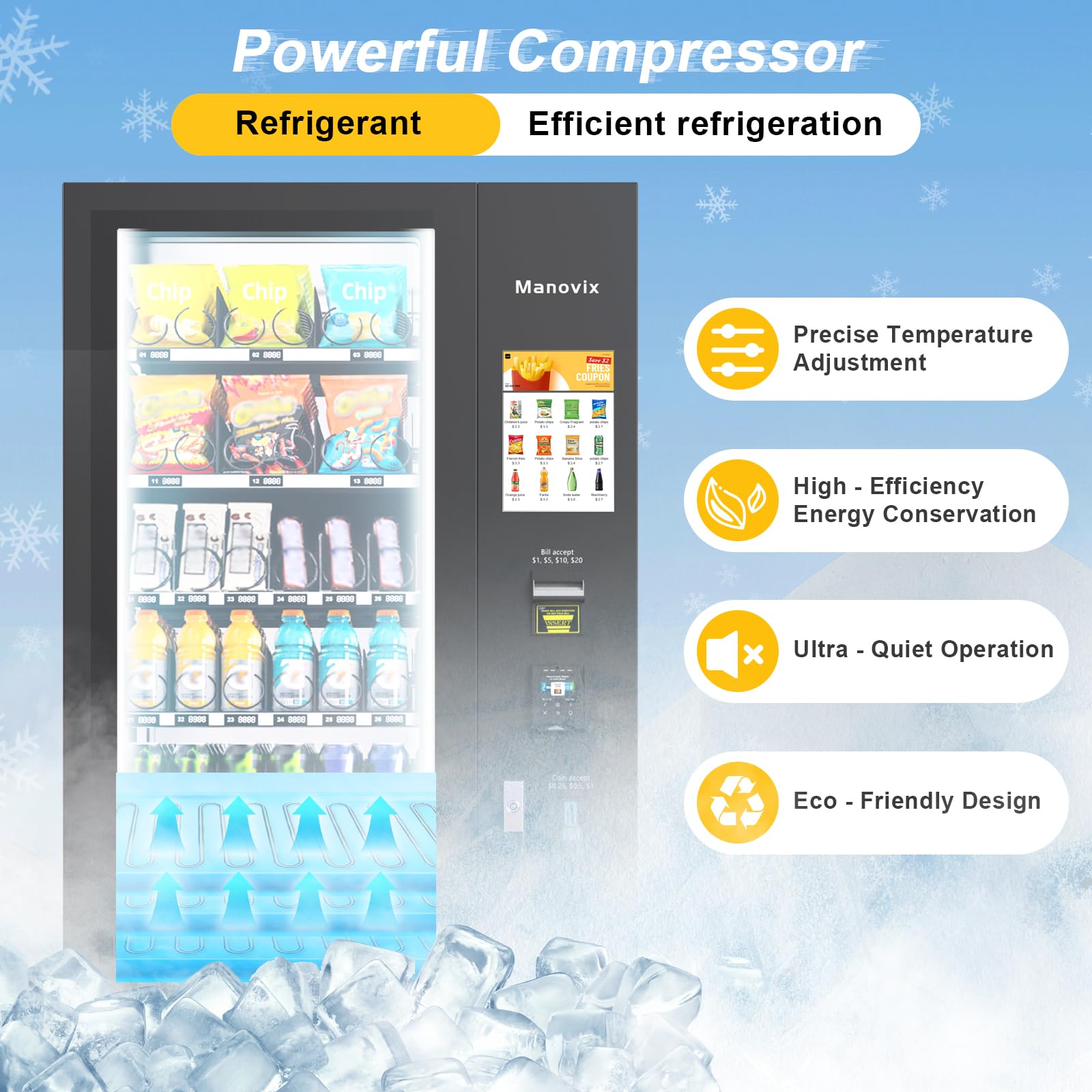 Beverage Snack Combo Commercial Vending Machine for Business with Credit Card Reader & Bill and Coin Acceptor Refrigerated Cold Drink soda with Temp Control Touch Screen