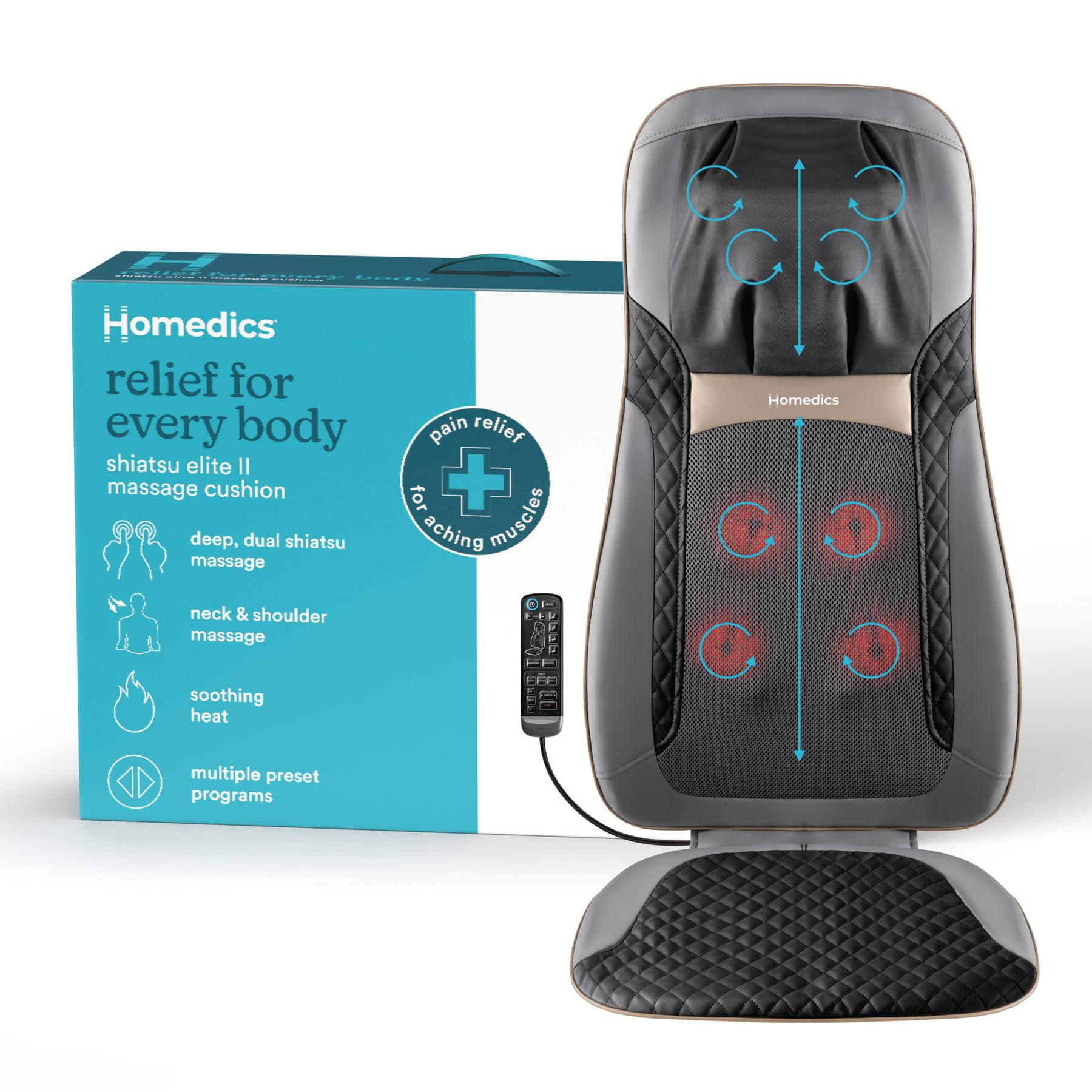 HoMedics Back Massager with Heat, Shiatsu Elite II Heated Neck and Back Massage Cushion. 3 Different Massage Styles and 3 Massage Zones. Comes with Controller and Chair Straps