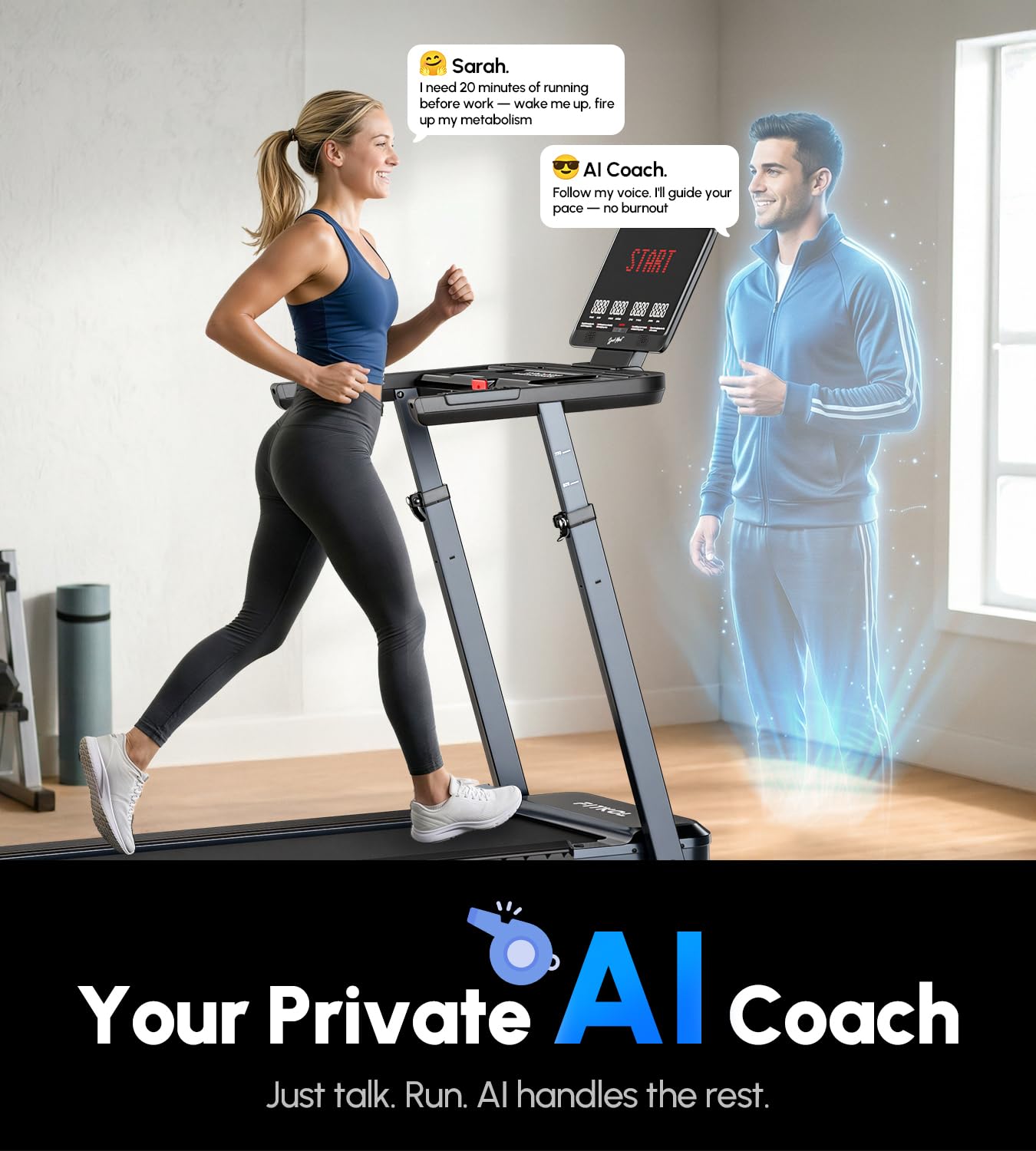 AI-Adaptive Treadmill for Home - Auto Speed & Incline Adjustment, Smart Heart Rate Control, Real-Time AI Running Coach, 5.0HP Motor, 440lb Capacity, Dedicated Bluetooth App, Designed for Beginners