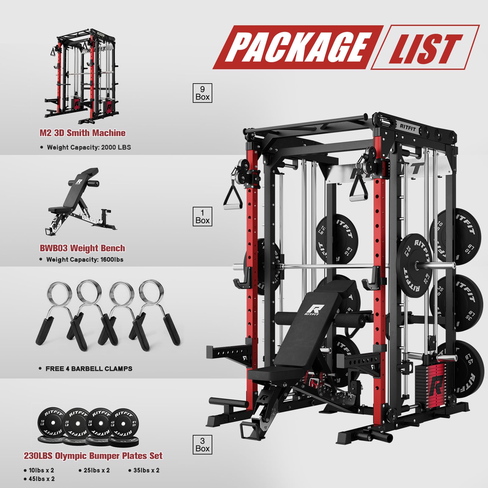 RitFit M2 3D Smith Machine & 286.6LB Built-in Weight Stack with Cable Crossover System, All in One Functional Trainer & Power Cage, 16 Adjustment Holes, 6 Storage Pegs for Full-Body Home Gym