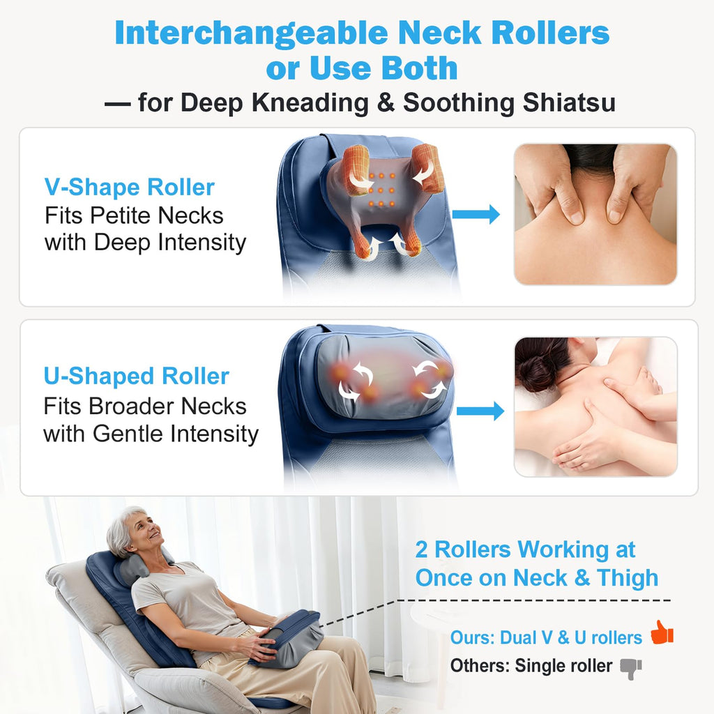Shiatsu Neck Back Massage Cushion with Heat - 4D Kneading Massager w/Vibration, Dual-Neck Design, Adjustable Intensity/Height, Ease Muscle Tightness from Long Sitting, for Office, Home, Blue