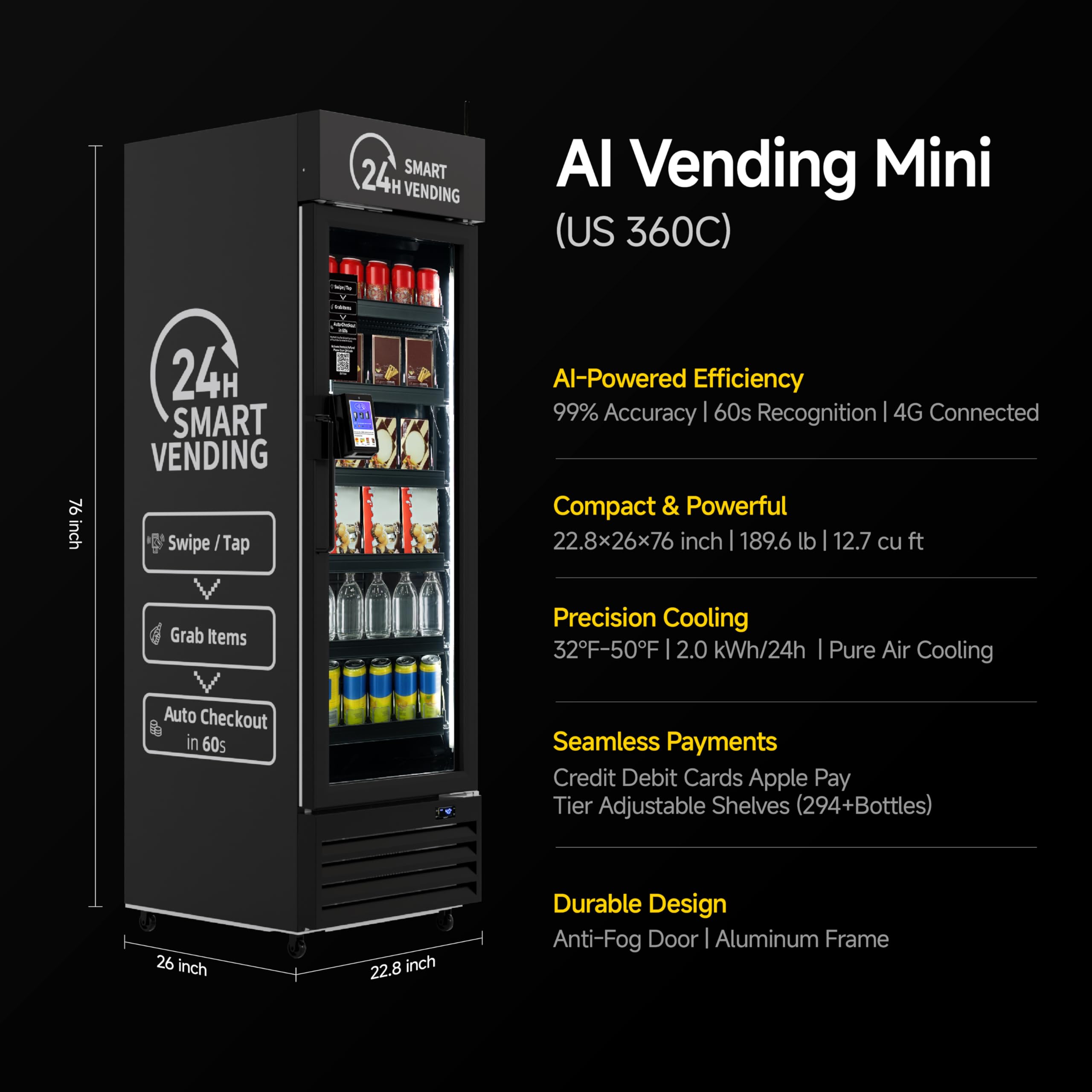 HAHA Smart AI Vending Machine with Card Reader, Combo Snack & Drink Machine, 6-Layer 252 Cans Capacity Refrigerated AI Visual Recognition & App Management US360CT (Black, AI mini)