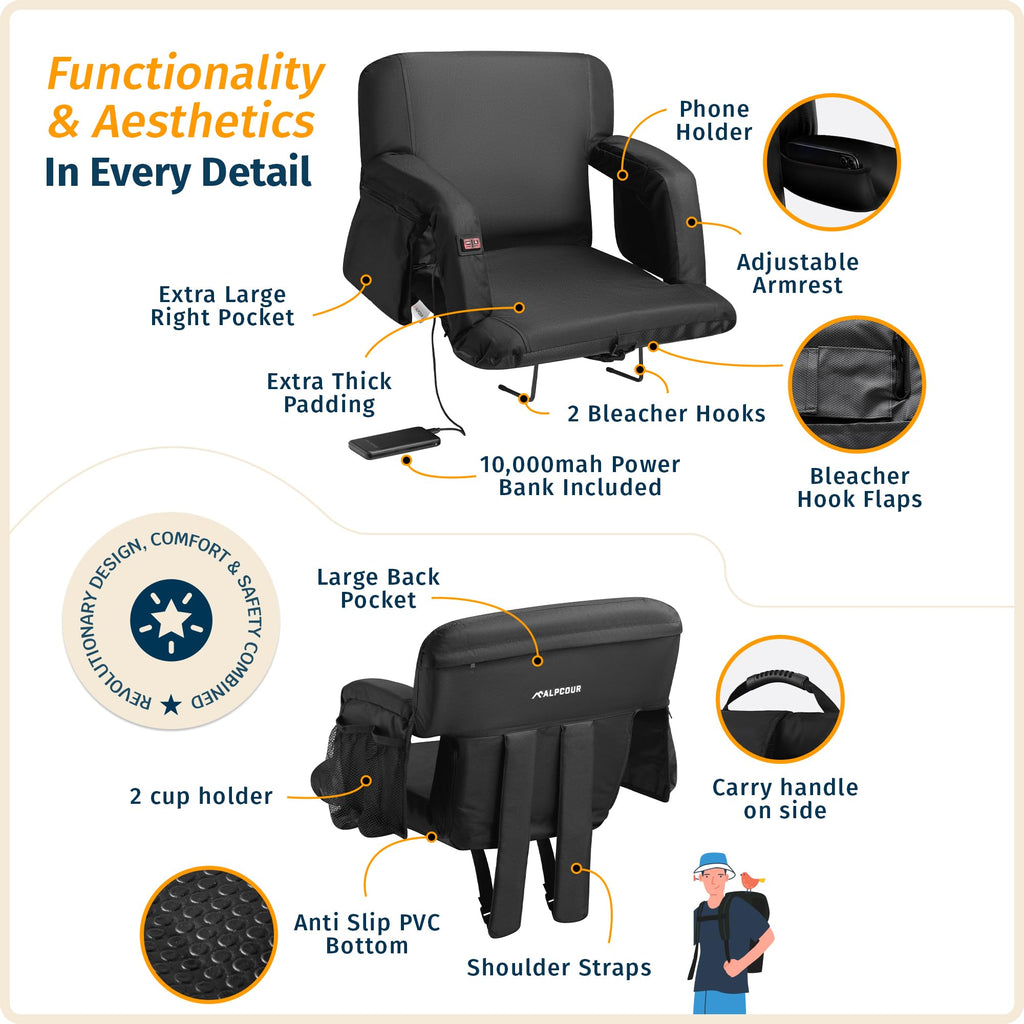 Alpcour Heated Massage Reclining Stadium Seat for Bleachers – Wide Bleacher Chair with Back Support and Cushion, Armrests, Large Pockets, and Multiple Safety Features – Best Stadium Seats Chairs