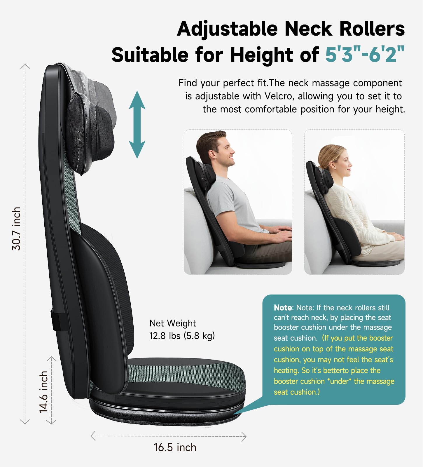 Shiatsu Neck and Back Massager for Chair with Heat, 2 Interchangeable Attachments Full Back Massage Pad Deep Tissue, Adjustable Height 3-Level Intensity for Office Home, Masajeador de Espalda, Khaki