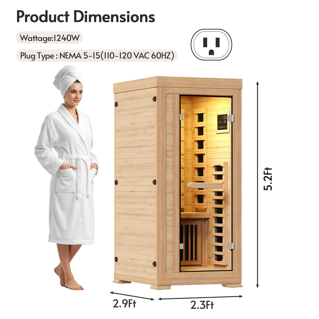 1 Person 5.2Ft Mini Infrared Sauna, 7 Color Full Spectrum Wood Dry Sauna. Canadian Hemlock Indoor Saunas with 1240W 20Min Fast Heating & Music Speakers for Home & Gym (28 Lx35 Wx63 H)