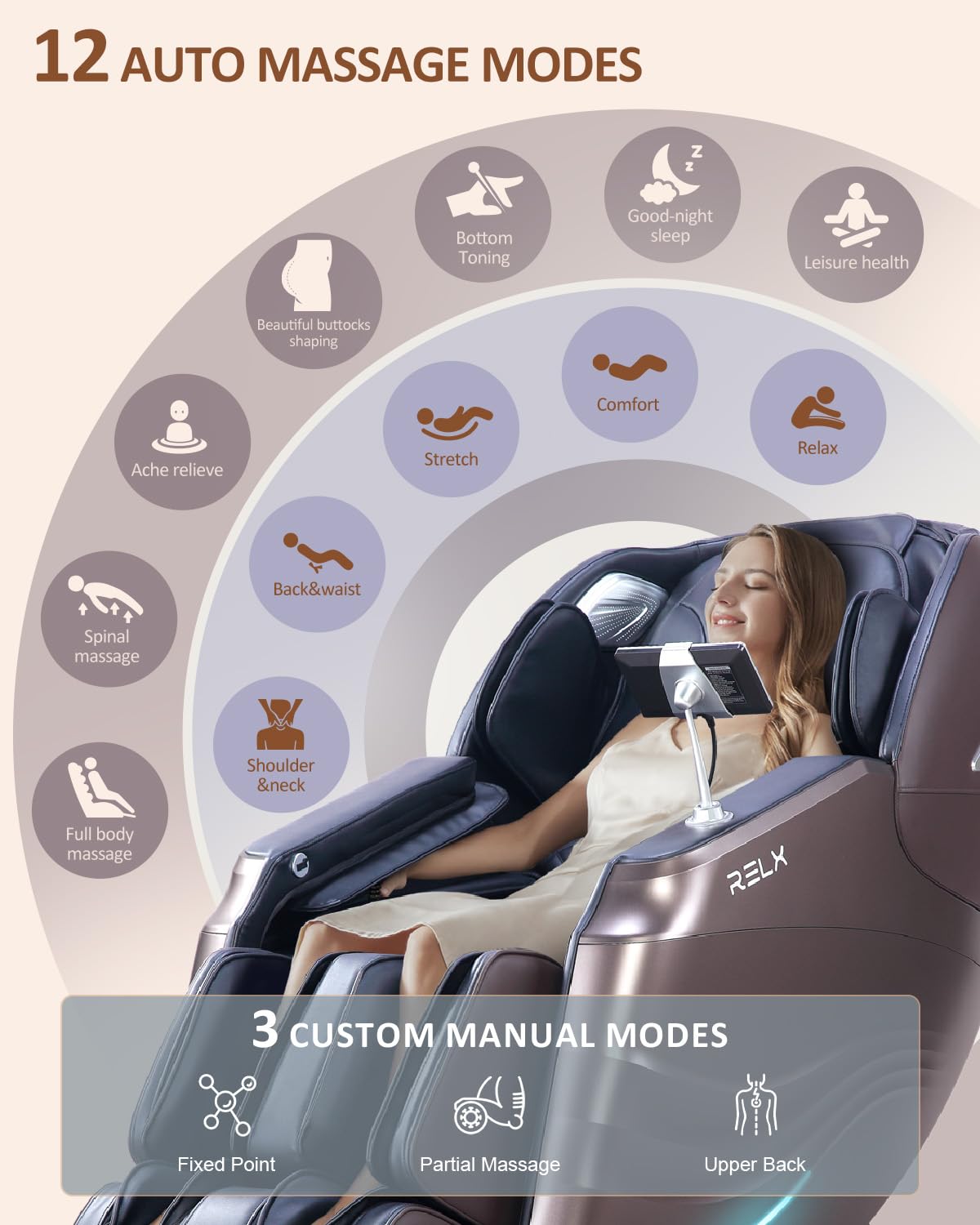RELX Massage Chair Full Body, 20 Modes Zero Gravity SL-Track Shiatsu Massage Chair Built-in Heat System, Airbag Massage with Body Scan, Deep Yoga Stretch, Calfrest Extension and AI Control(Cream)