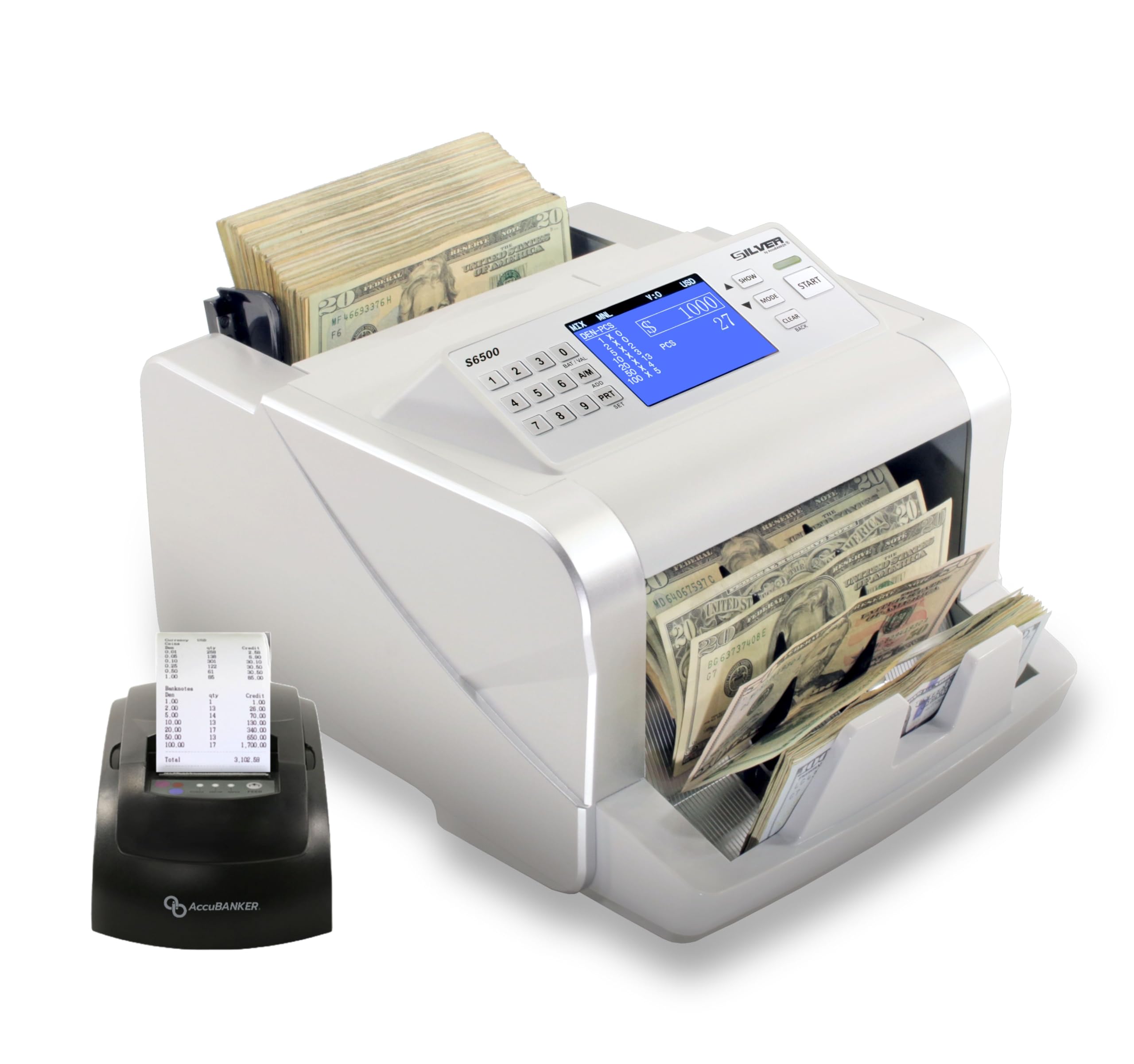 USD EUR CAD GBP MXN Money Counter Machine, Quick Mixed Denomination Bill Counter, Counterfeit Detection UV/MG/IR/DD/MT/DBL/HLF/CHN, with Printer Included, S6500