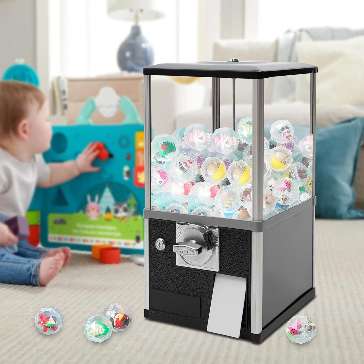 Freestanding Vending Machine,45-50mm Capsule Toys Small Vending Machine 4 * 25Cents Coin Gumball Machine Rectangle Bubble Gum Machine for Game Stores,Coin Operated Gumball Bank