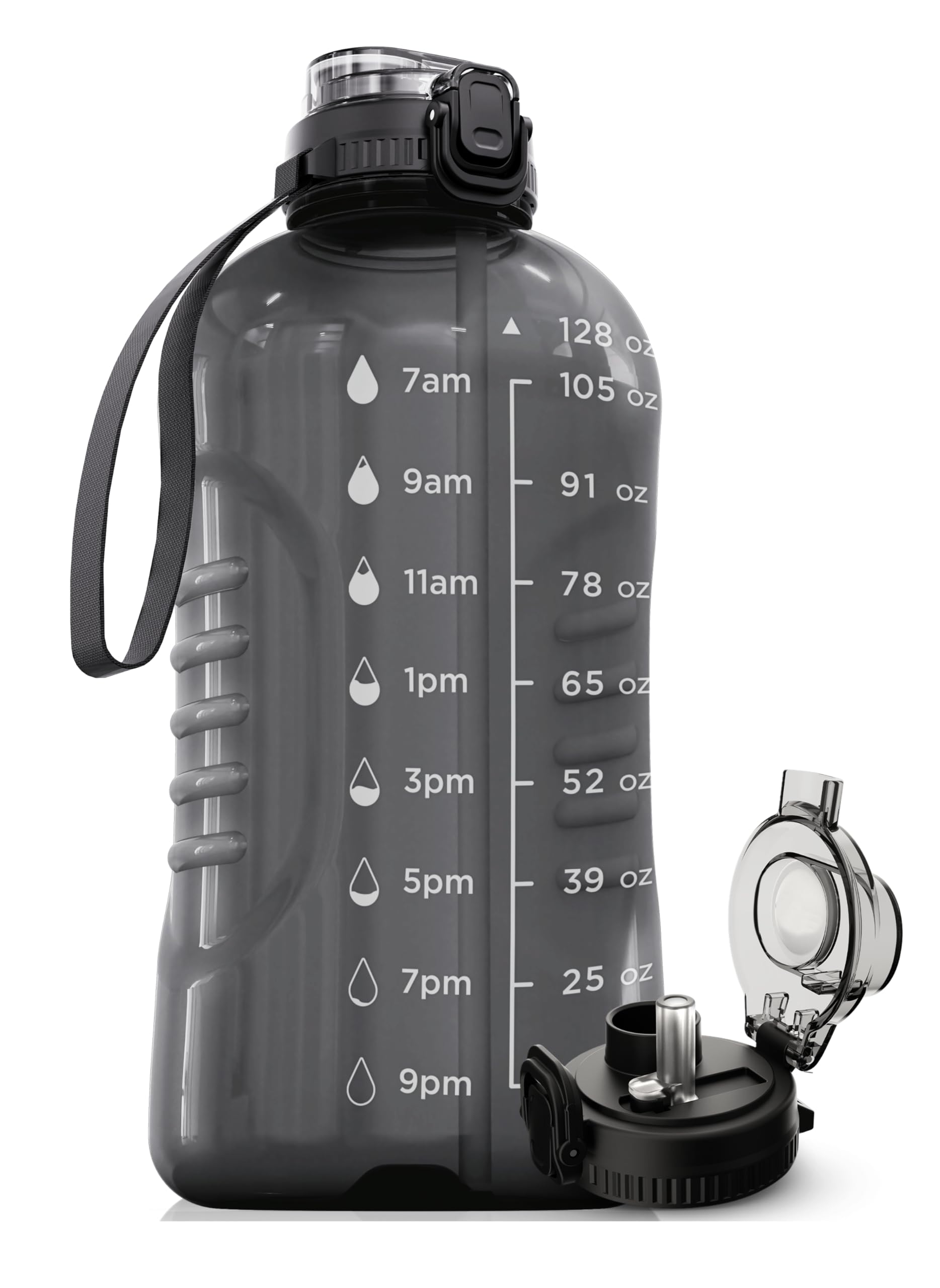 AQUAFIT 64 oz Water Bottle with Time Marker - 2in1 Straw & Chug Lid - BPA Free Big Water Bottle with Straw - Gym Water Bottle with Strap - Water Jug (64 Ounces, Clarity)