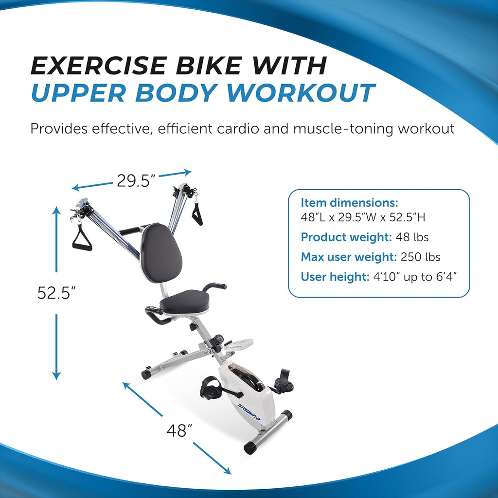 Stamina Foldable Exercise Bike and Strength System With Smart Workout App and 250 Pound Weight Capacity for Home Workout, Gray
