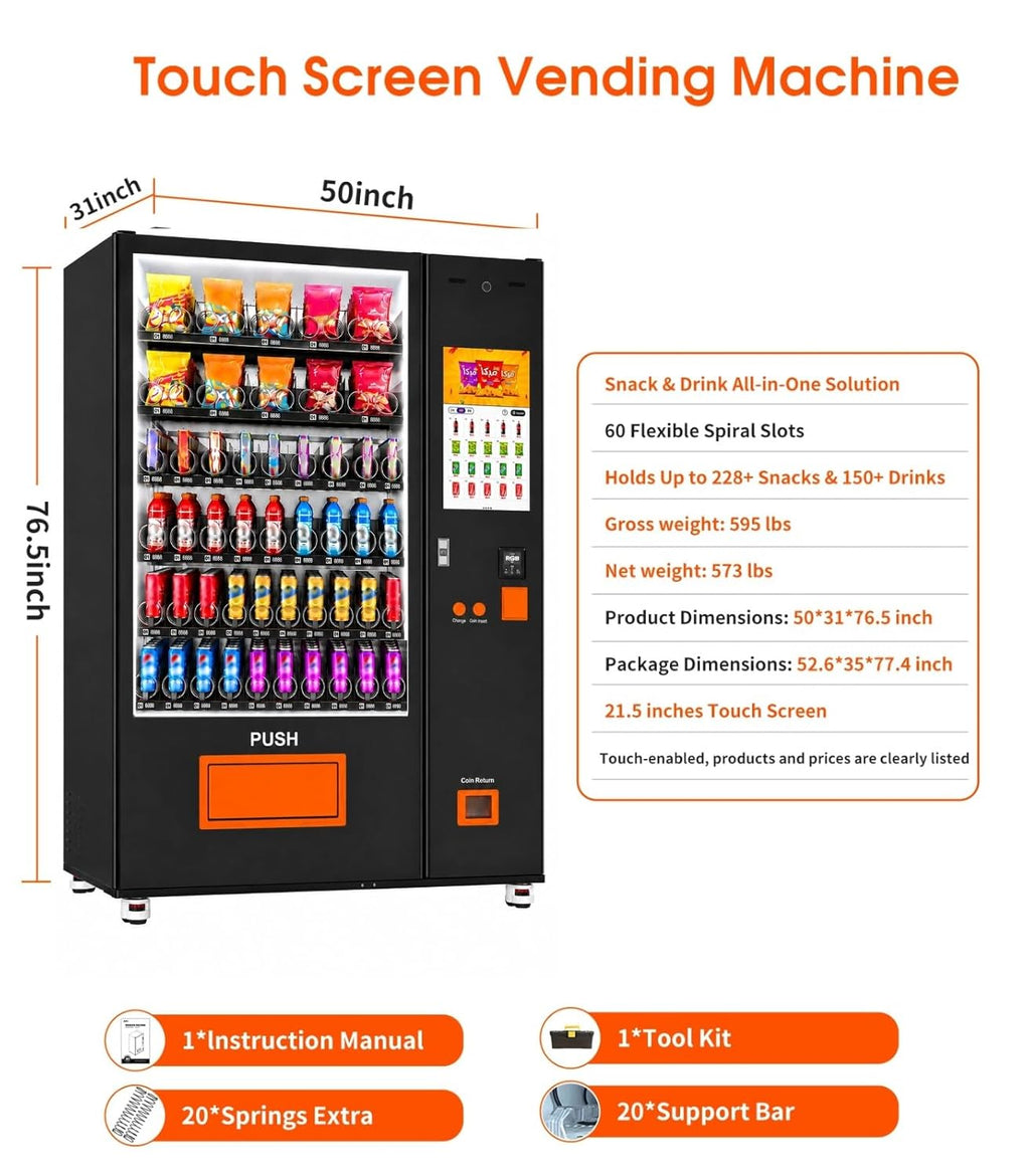 AFEN 60 Slots Vending Machine with Card Reader Commercial Snack & Drink Combo Vending Machine for Business Refrigerated, Mobile Remote Control, with 21.5" Touch Screen, Cashless Payment
