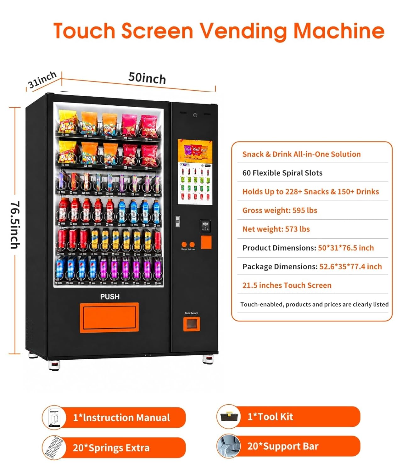 AFEN 60 Slots Vending Machine with Card Reader Commercial Snack & Drink Combo Vending Machine for Business Refrigerated, Mobile Remote Control, with 21.5" Touch Screen, Cashless Payment