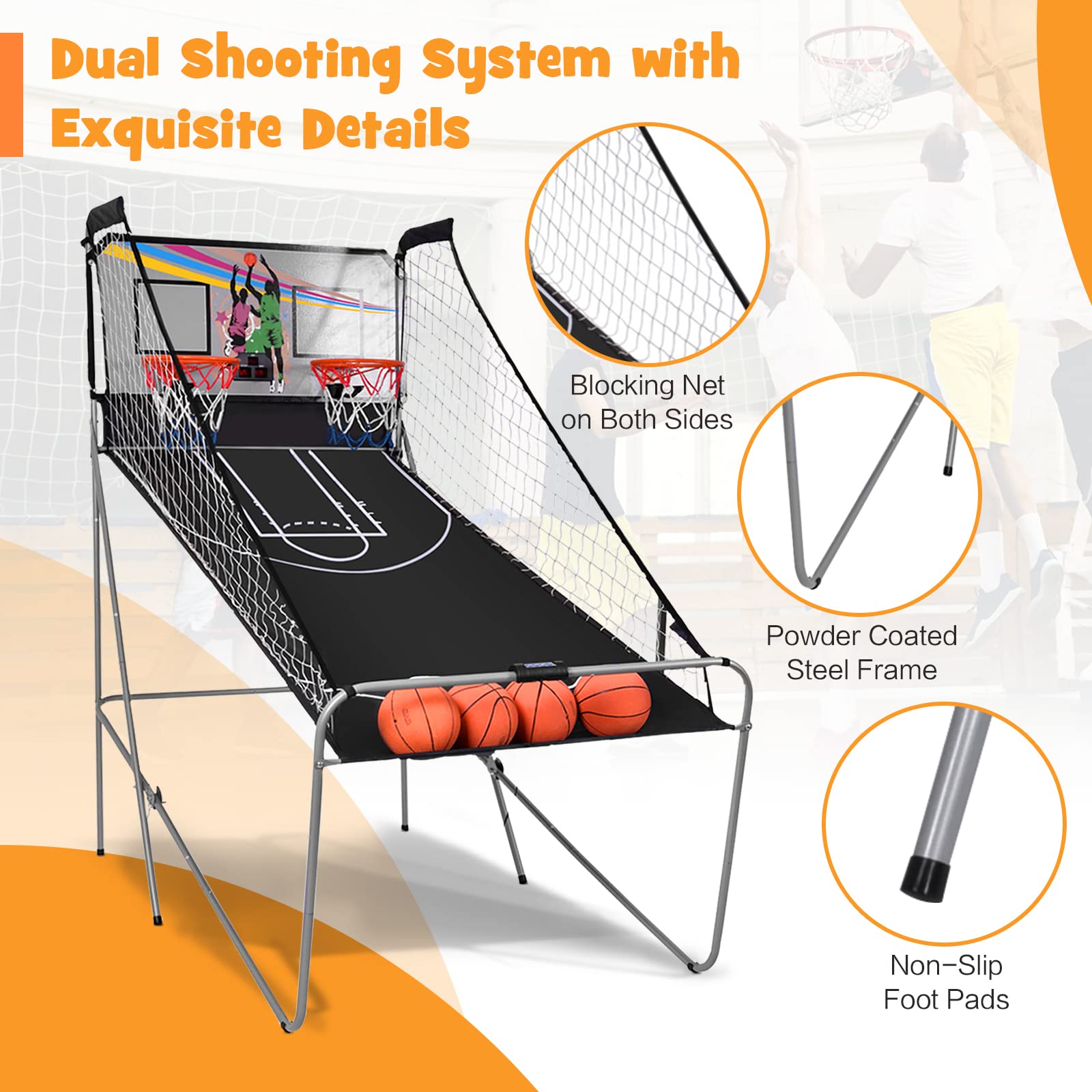 Goplus Foldable Dual Shot Basketball Arcade Game, Electronic Basketball Hoop w/LCD Scoreboard, 8 Game Modes, 4 Balls, Indoor Outdoor Basketball Game Machine for Adults (Green)