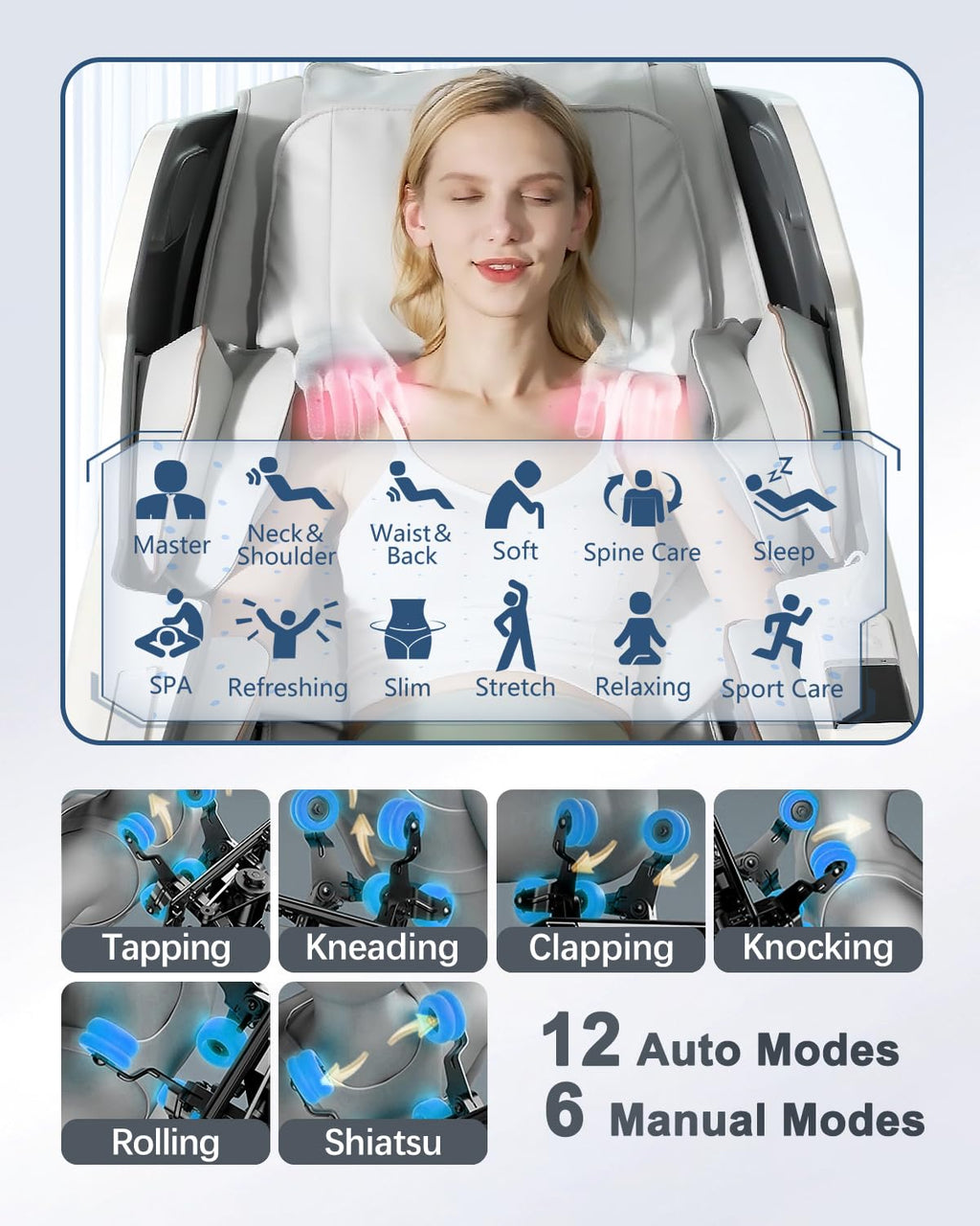 iBooMas Massage Chair Full Body, Body Scan Zero Gravity Massage Chair Recliner with 54in SL-Track, Ajustable 18 Modes, Auto Extending Footrest, Foot Massage, App, AI Voice, Airbags, Heat(White+Grey)