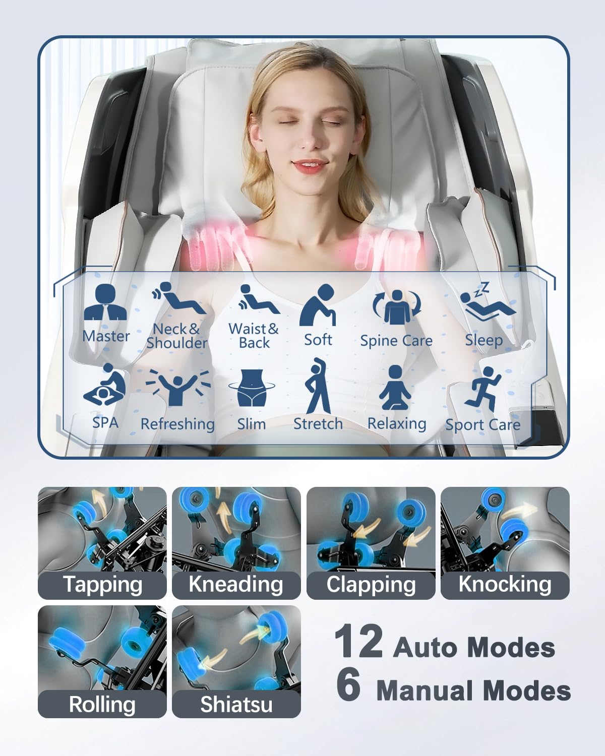 iBooMas Massage Chair Full Body, Body Scan Zero Gravity Massage Chair Recliner with 54in SL-Track, Ajustable 18 Modes, Auto Extending Footrest, Foot Massage, App, AI Voice, Airbags, Heat(White+Grey)