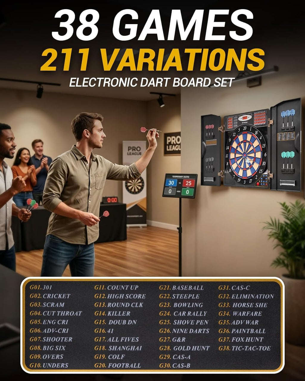 WIN.MAX Electronic Dart Board, Soft Tip Dartboard Cabinet Set for Adults, LED Scoring Dartboard with 38 Games & 211 Variants, Up to 16 Players, 12 Darts+40 Tips, Wall Mount for Bar Game Room Man Cave