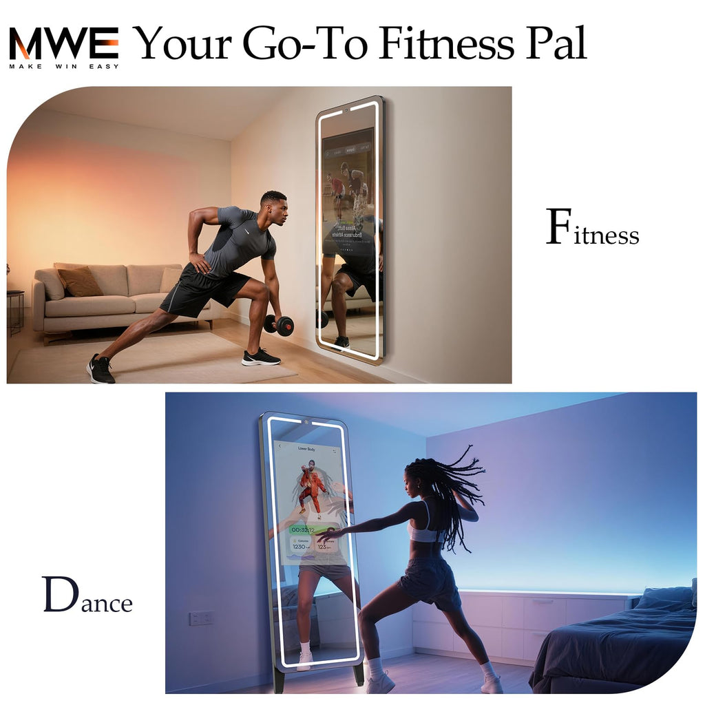 Smart Gym Mirror for Home Workout | 32" HD Touch-Screen Andriod OS | 63" Reflective Surface | No VIP Fees Support Various APPs, Music Sync LED Light Strip, for Home Gym/Yoga/Dance