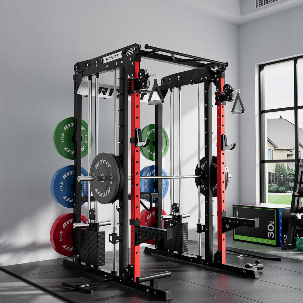 RitFit M2 3D Smith Machine & 286.6LB Built-in Weight Stack with Cable Crossover System, All in One Functional Trainer & Power Cage, 16 Adjustment Holes, 6 Storage Pegs for Full-Body Home Gym