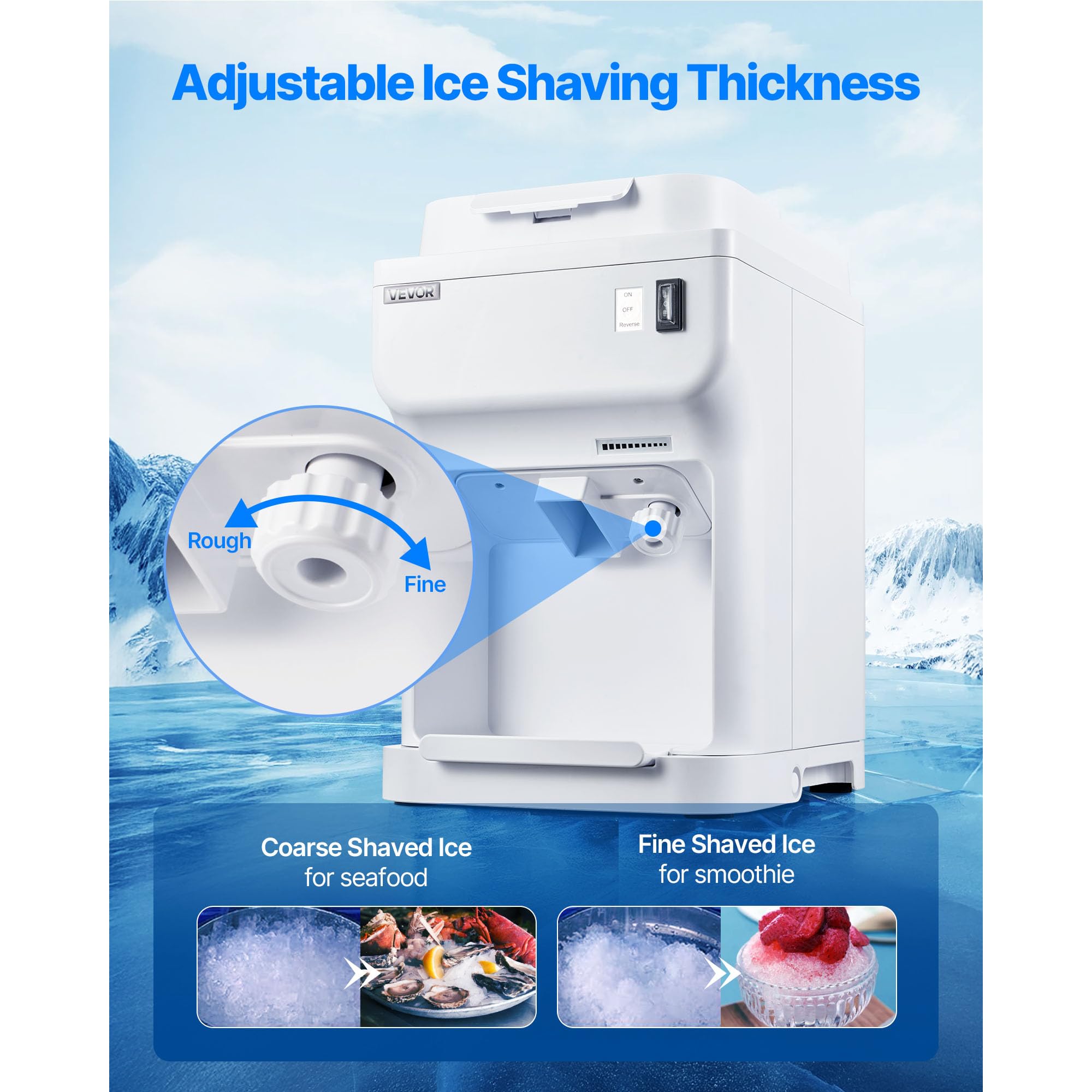 VEVOR Ice Shaver Machine Electric Snow Cone Machine, 265 LBS/H Shaved Ice Machine 250W Ice Crusher Triple Blades Tabletop Shaved Ice Maker with Adjustable Fineness for Home and Commercial Use