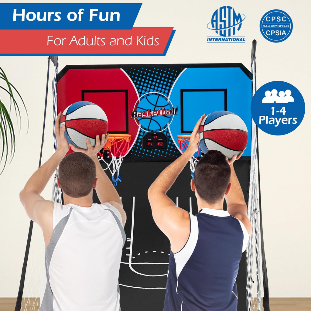 GYMAX Arcade Basketball Game Indoor Foldable with 8 Game Modes, Arcade Sound, 4 Balls and Inflation Pump, Electronic Basketball Games for Home