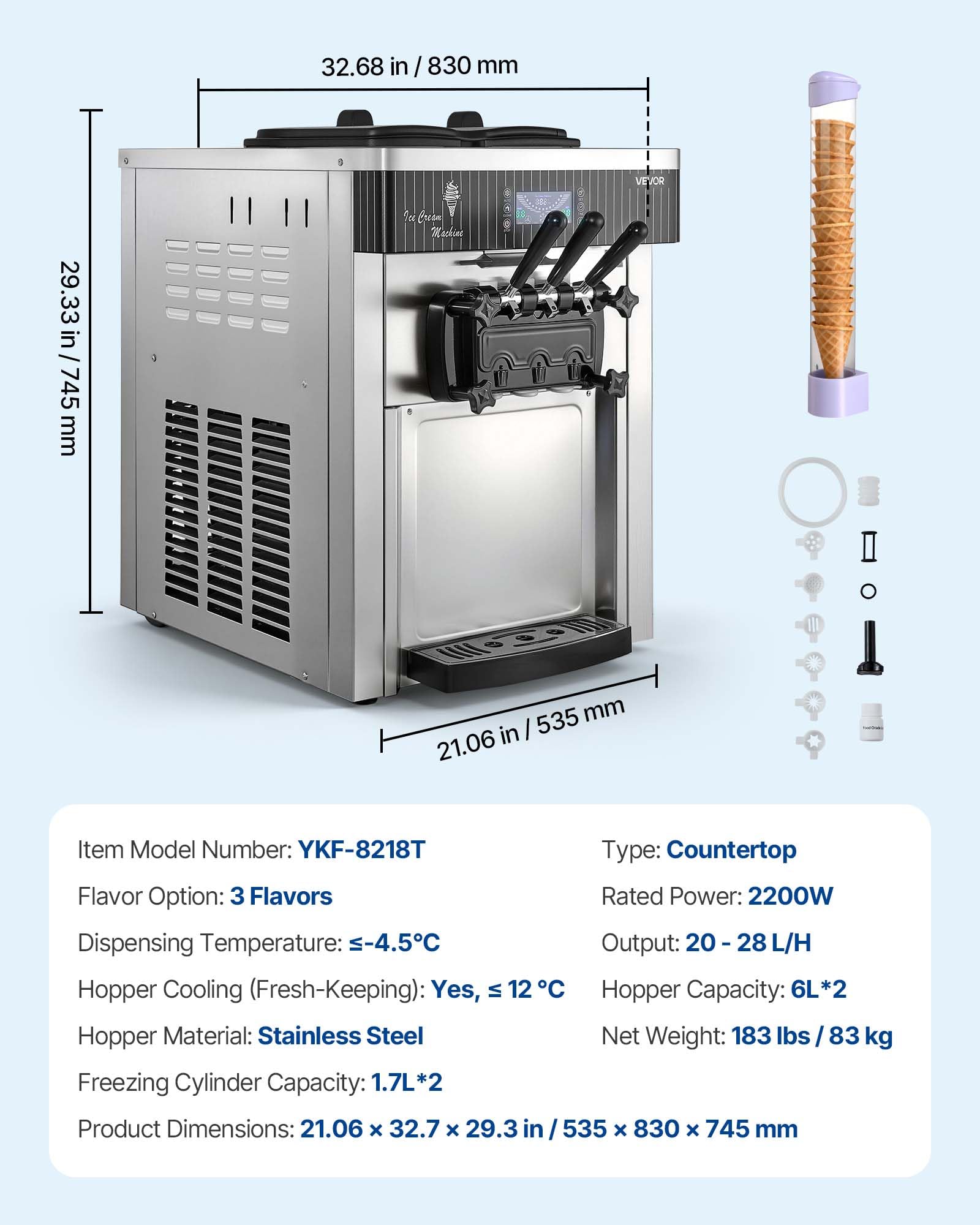 VEVOR Commercial Ice Cream Machine, 21 QT/H Soft Serve Ice Cream Maker with LCD Panel Auto Clean 3-Flavor Pre-cooling for Restaurant Snack Bar