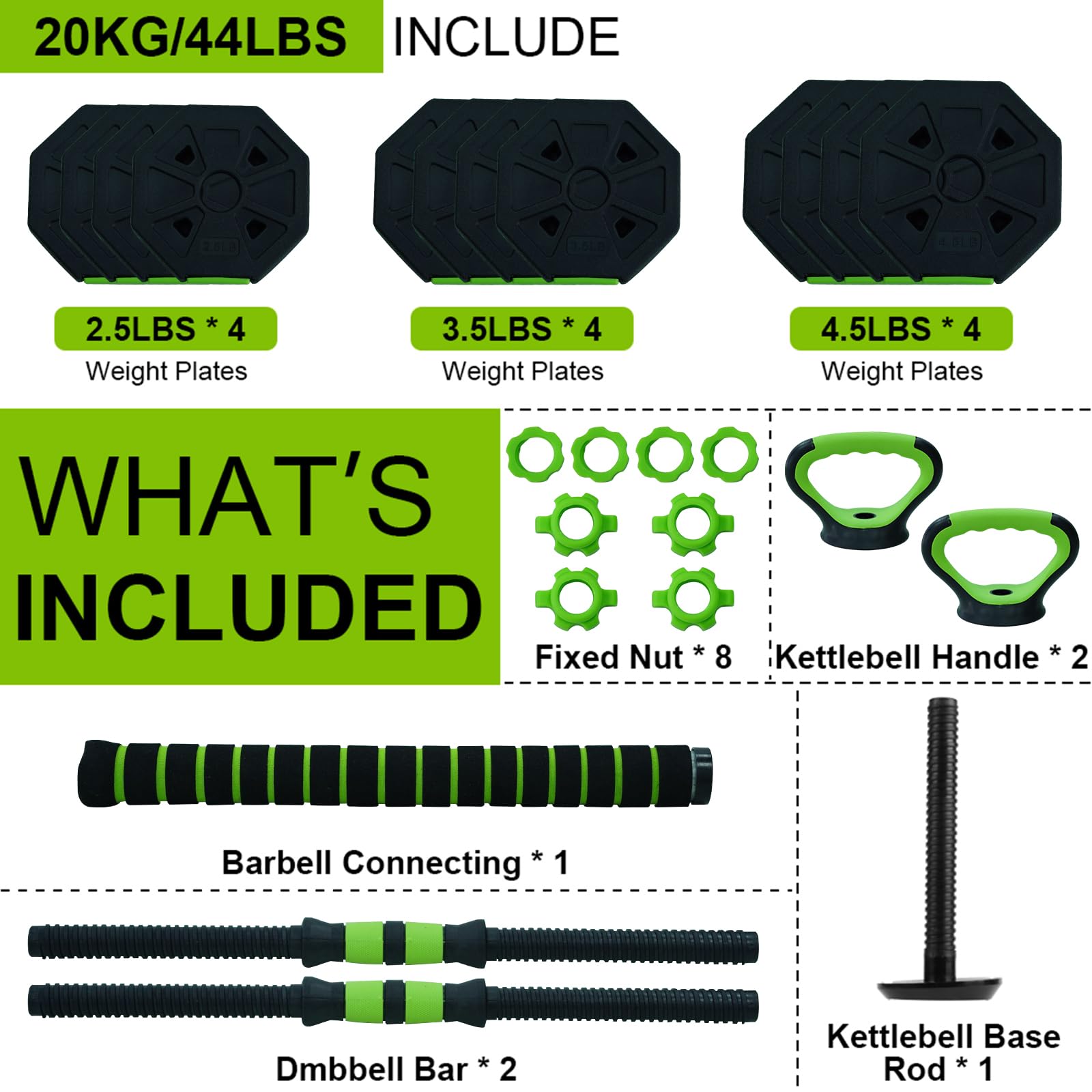Adjustable Weight Set 66/88 Lbs, 4-in-1 Dumbbell Set and Barbell Weight Set for Home Gym, Converts to Kettlebell & Push-Up Stand, Free Weights Dumbbells Set for Men & Women Full Body Workout
