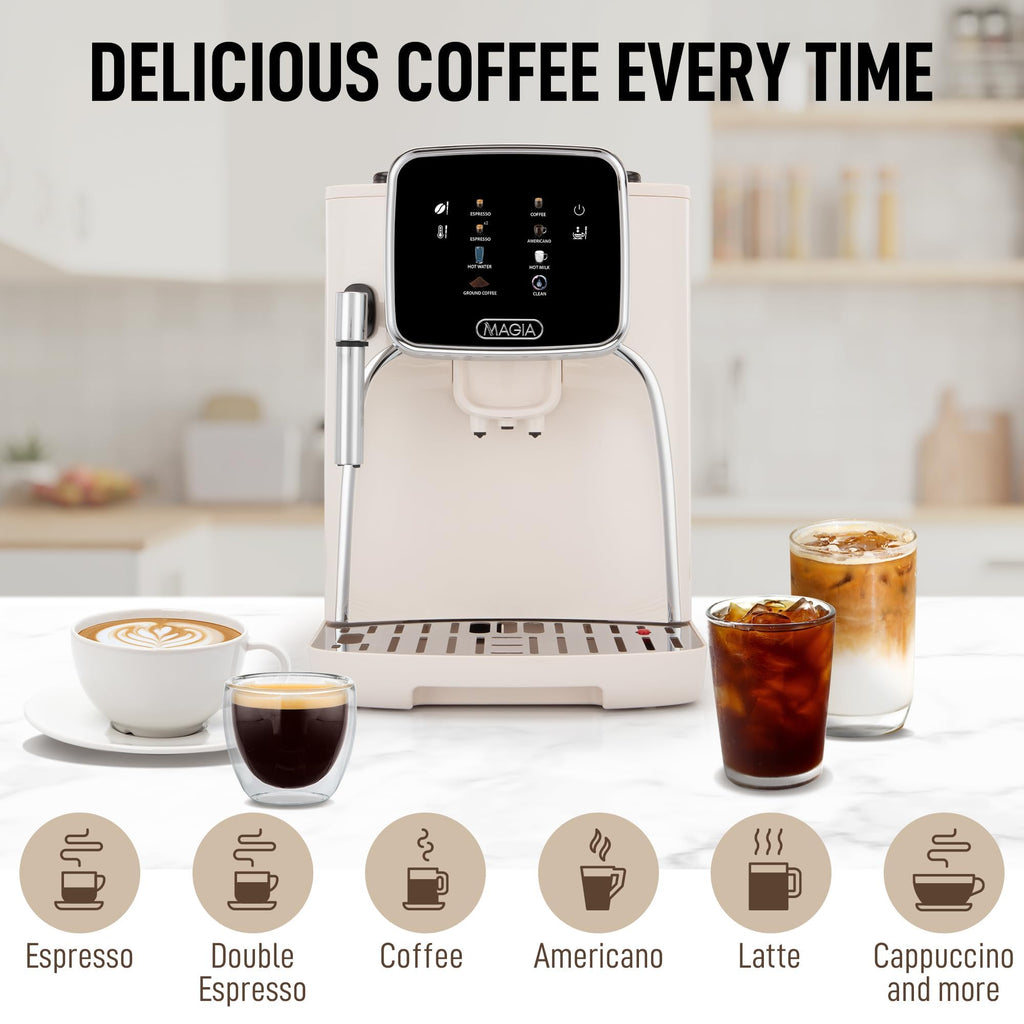 Zulay Magia Super Automatic Espresso Maker Machine with Grinder - 19 Fully Customizable Coffee Options, Auto Cleaning, Milk Foam System - for Latte, Cappuccino - Ultra LUX - White (13.7x17.7x9.4)